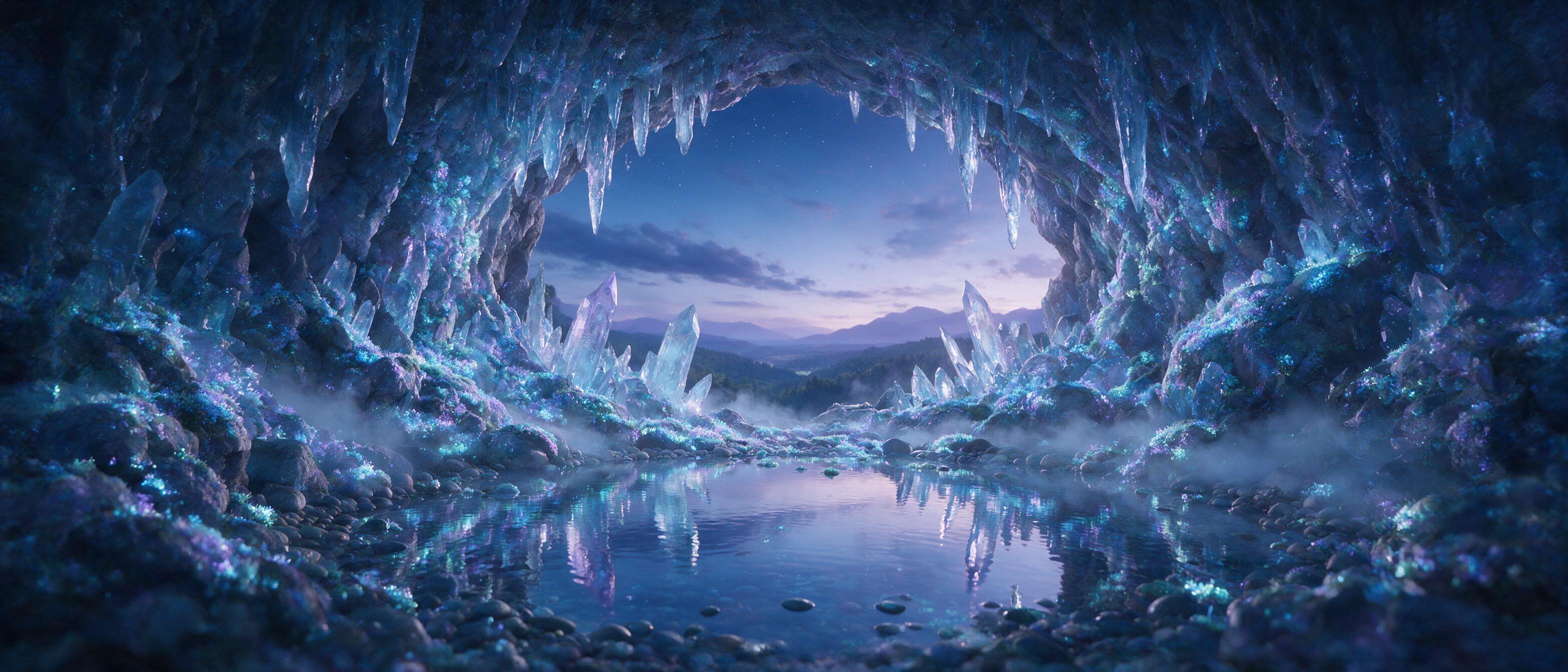A luminous crystal cave under a twilight sky, glowing bioluminescent moss on jagged rocks, soft blue and purple light reflecting off a small still pool, mist swirling gently, cinematic composition