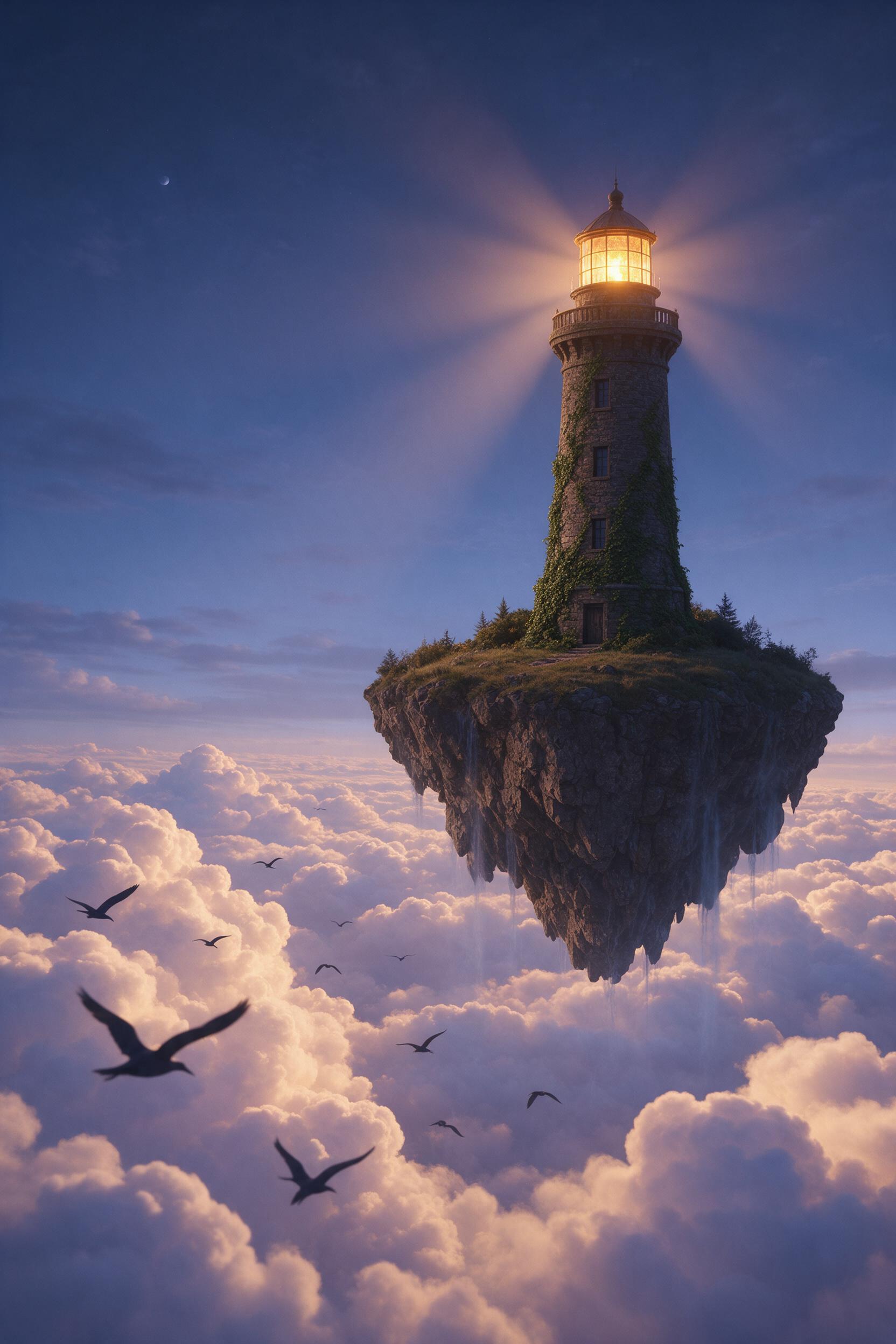 A lone lighthouse stands on a floating island above a sea of glowing clouds. The structure is ancient stone with creeping ivy. Warm amber light spills from its lantern, casting soft beams onto the mist. Foreground shows silhouetted birds in flight. Composition: low-angle view emphasizing the island'