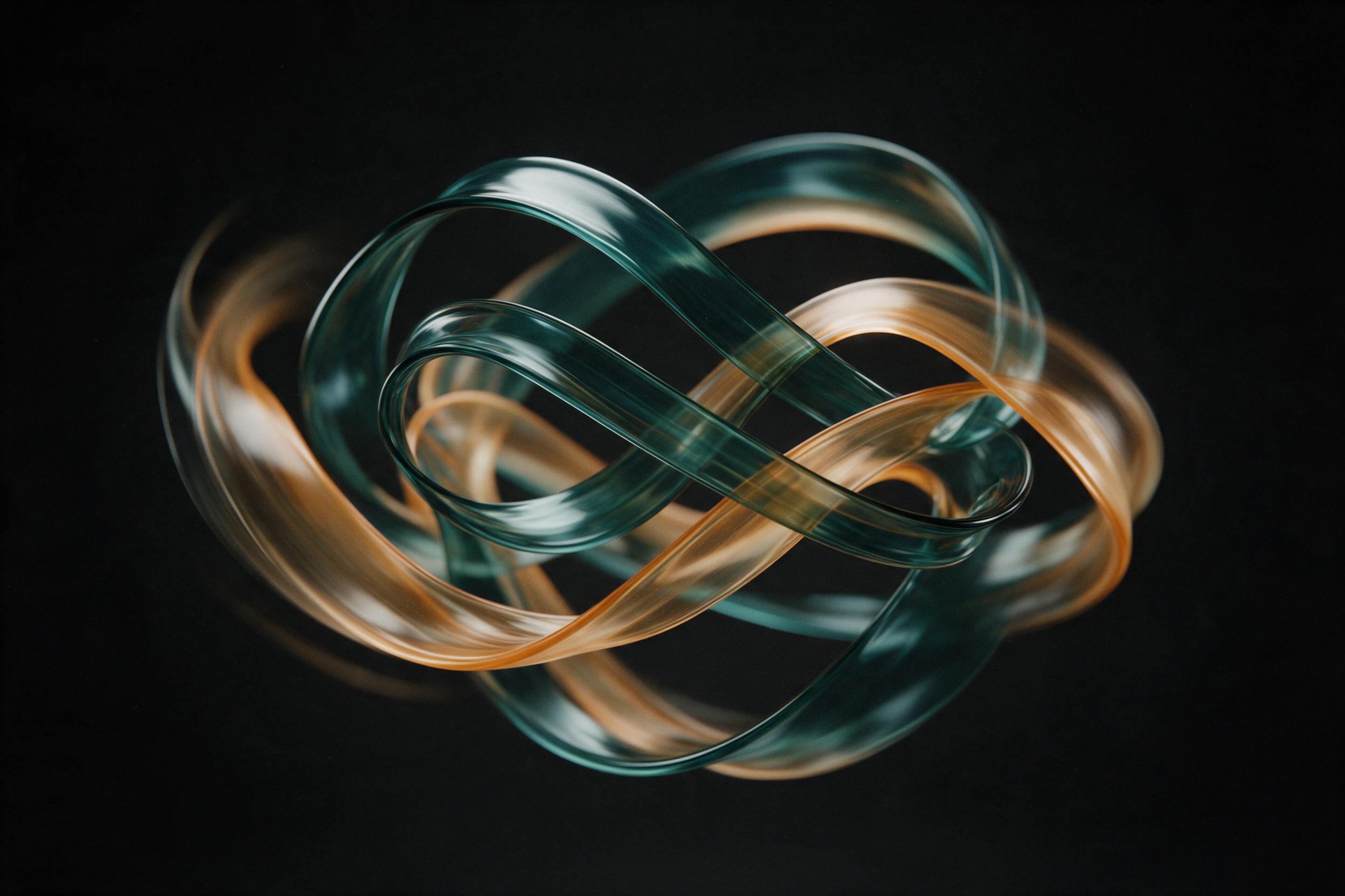 Swirling ribbons of molten glass in deep teal and amber, suspended mid-air, soft studio diffused lighting, intricate light reflections, minimalist composition on a seamless black background, subtle film grain, gentle motion blur edges.