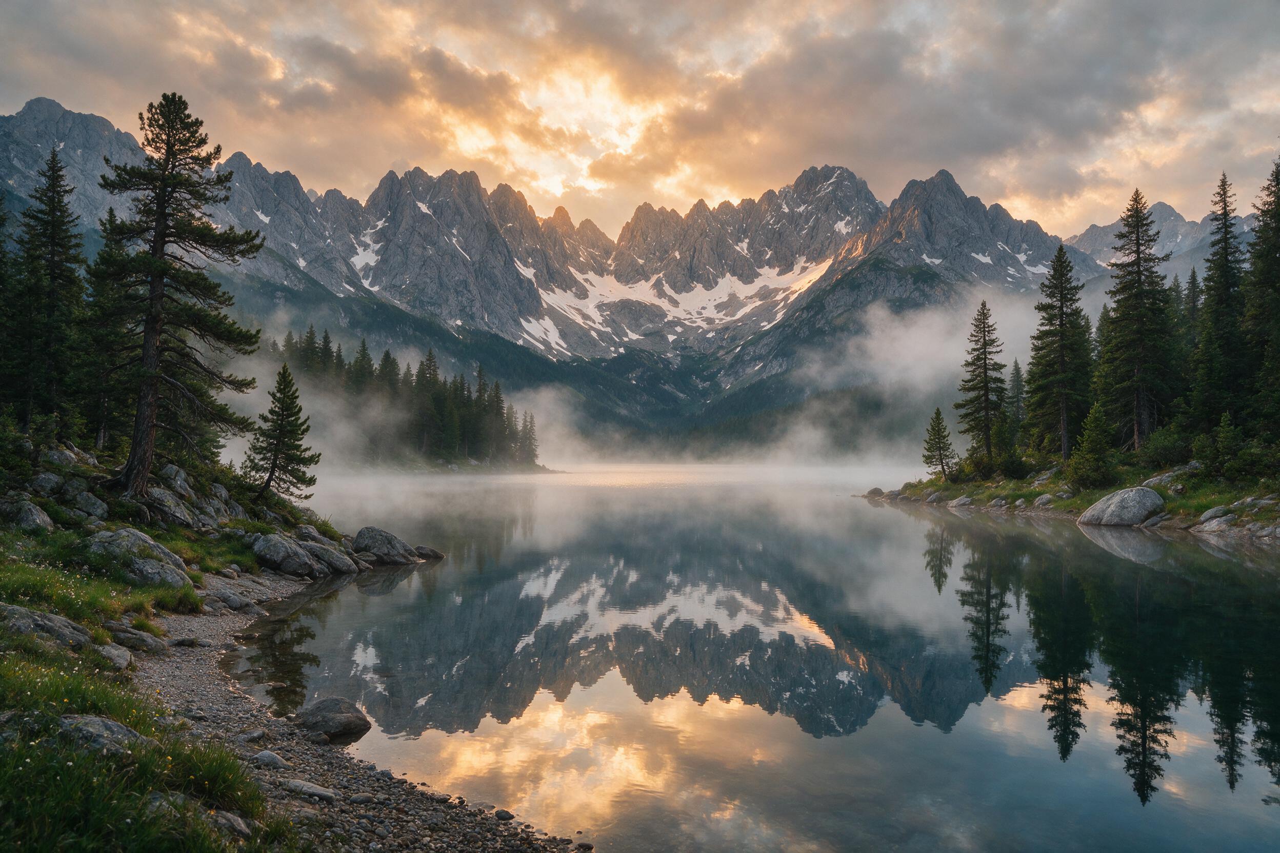 Misty mountain lake at dawn, glassy water reflecting jagged peaks, soft golden sunlight piercing through clouds, pine trees lining the shore, subtle mist rising, calm and serene atmosphere, wide-angle composition