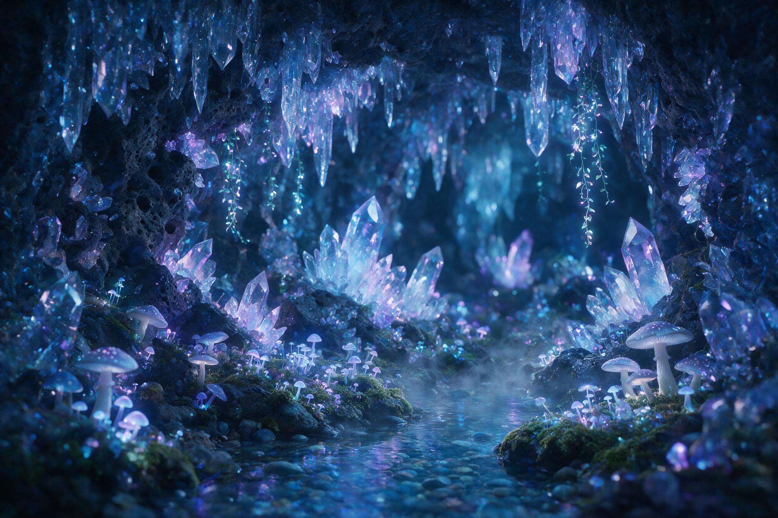 A luminous crystal cave deep underground, glowing mushrooms and vines casting soft blue and purple light, a small stream reflecting the bioluminescence, mist rising from the water, shallow depth of field, ethereal atmosphere, natural lighting from the crystals.