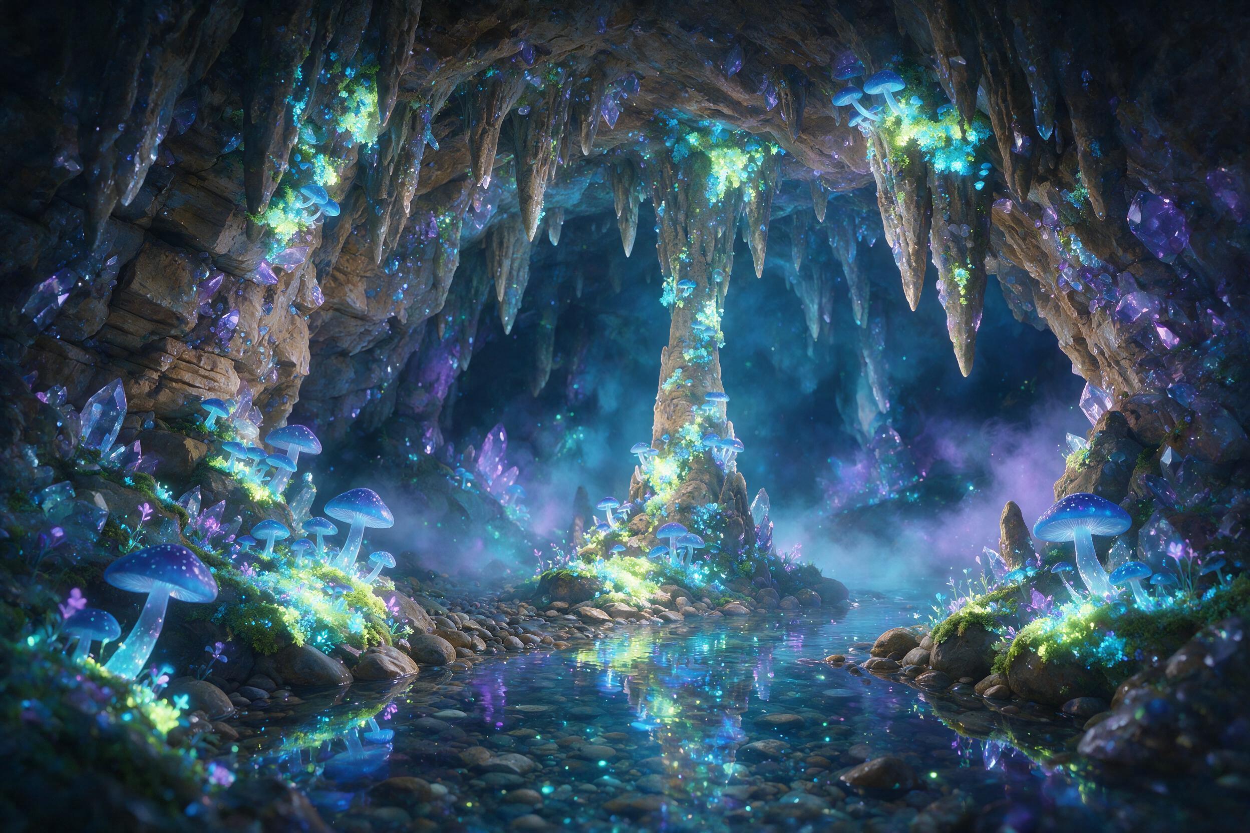 A luminous crystal cave deep underground, glowing moss and ethereal blue mushrooms casting soft light on stalactites, a small stream reflecting the bioluminescence, dreamlike atmosphere with gentle mist and subtle color gradients, fantasy illustration style