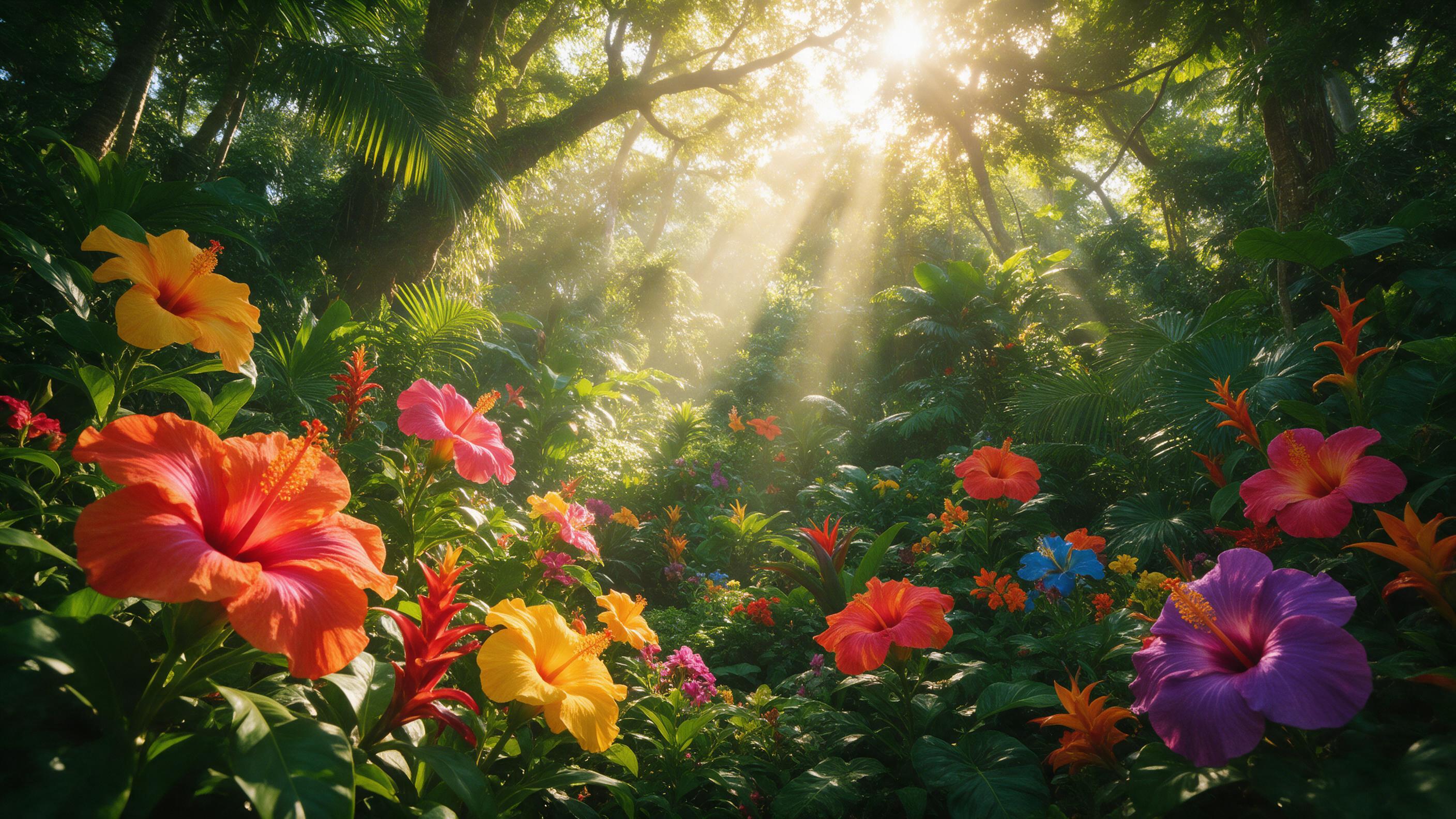 Vibrant tropical botanical garden with oversized flowers, emerald foliage, golden sunbeams through canopy, paradise vibe