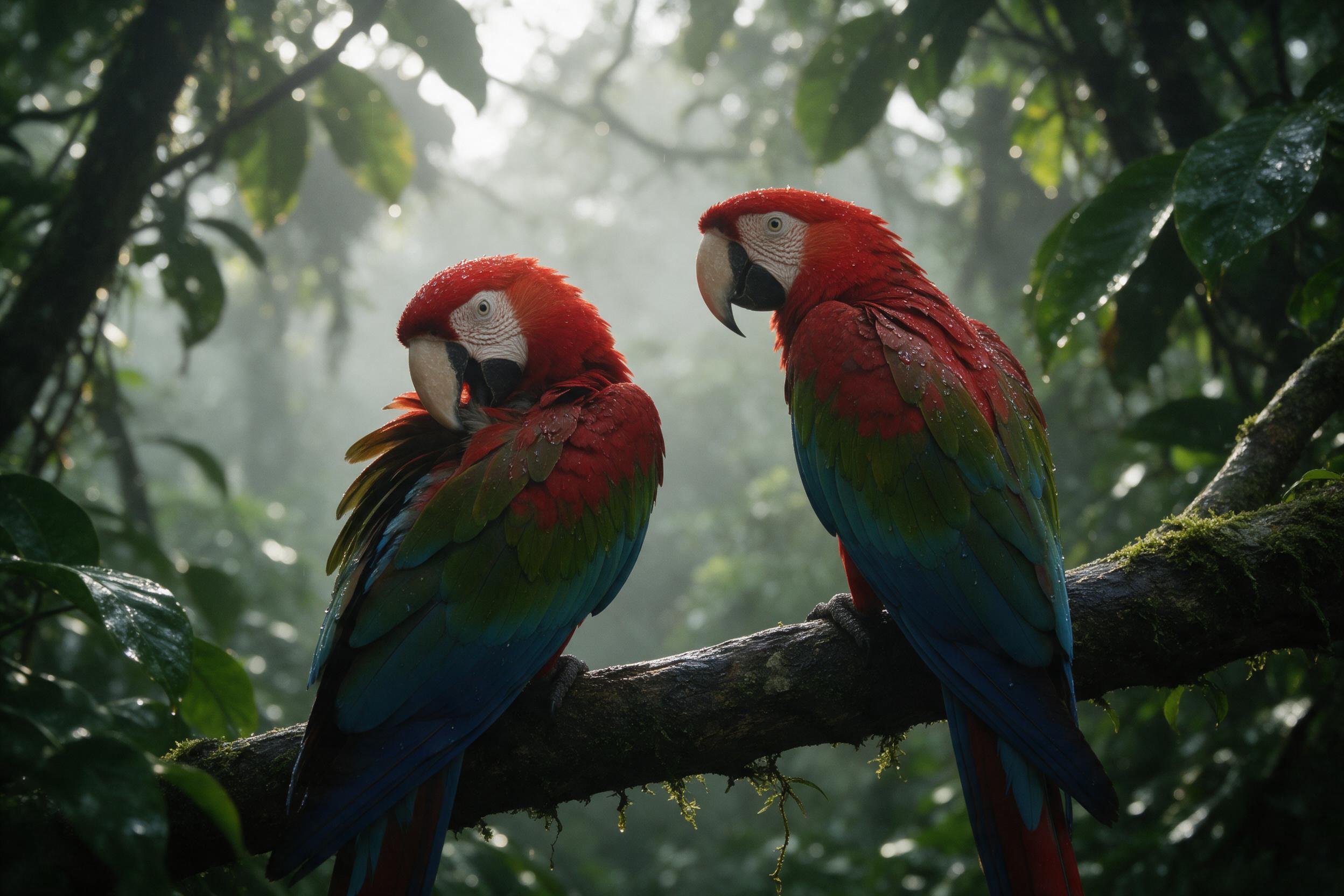 Two scarlet macaws perched on a mossy branch in a misty rainforest canopy, soft morning light filtering through dense leaves, feathers glossy with dew, one bird mid-preening, shallow depth of field, muted greens and vibrant reds, natural realism
