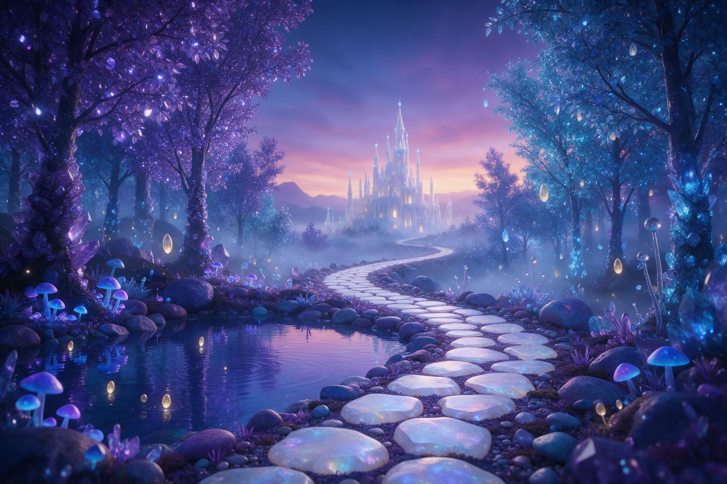 A luminous crystal forest at twilight, glowing blue and purple trees with floating bioluminescent spores, a winding path of moonstone leading to a distant ethereal castle, soft mist, vivid colors, magical atmosphere, gentle reflections on a small pond