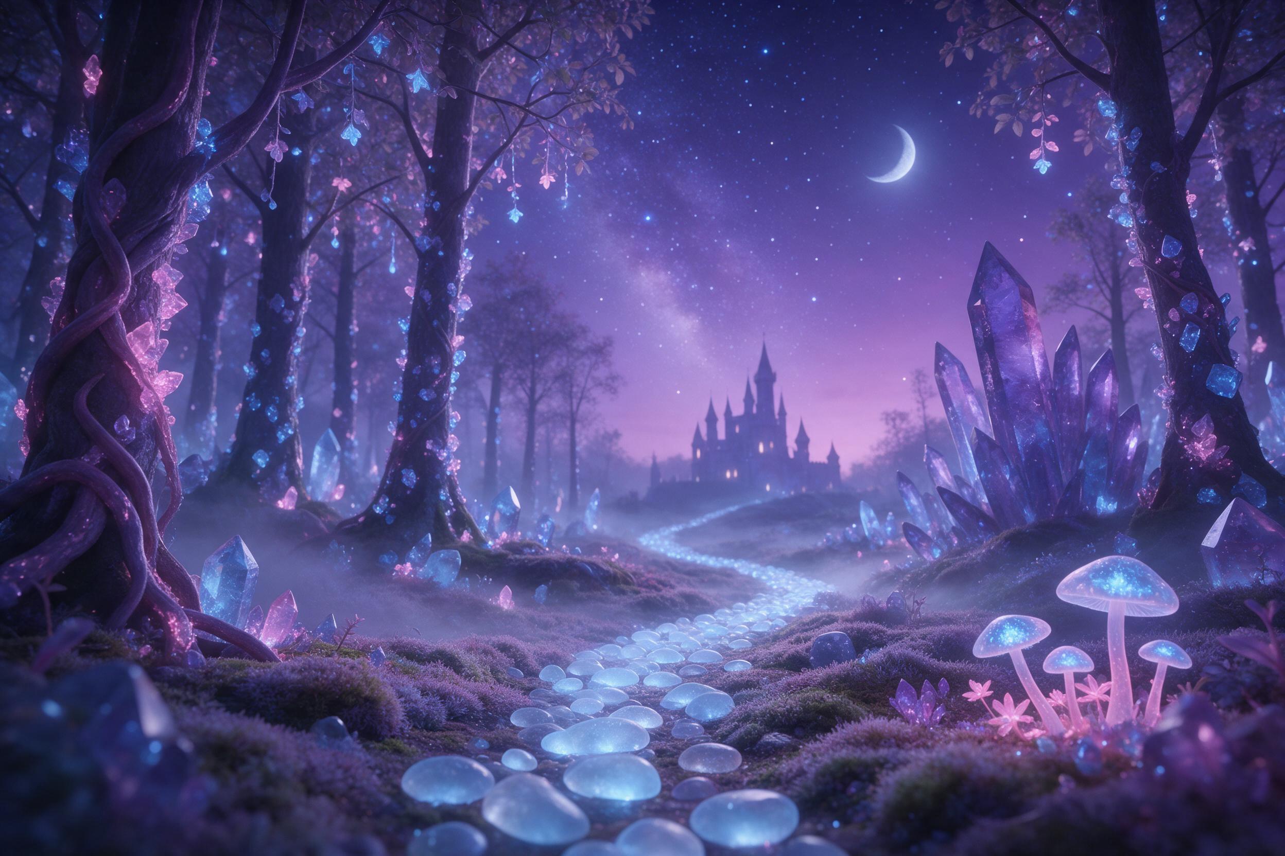 A glowing crystal forest under a starry purple night sky, bioluminescent plants casting soft blue and pink light, gentle mist rolling across mossy ground, a winding path made of luminescent pebbles leading to a distant castle silhouette, ethereal atmosphere, moonlit highlights on leaves, shallow dep