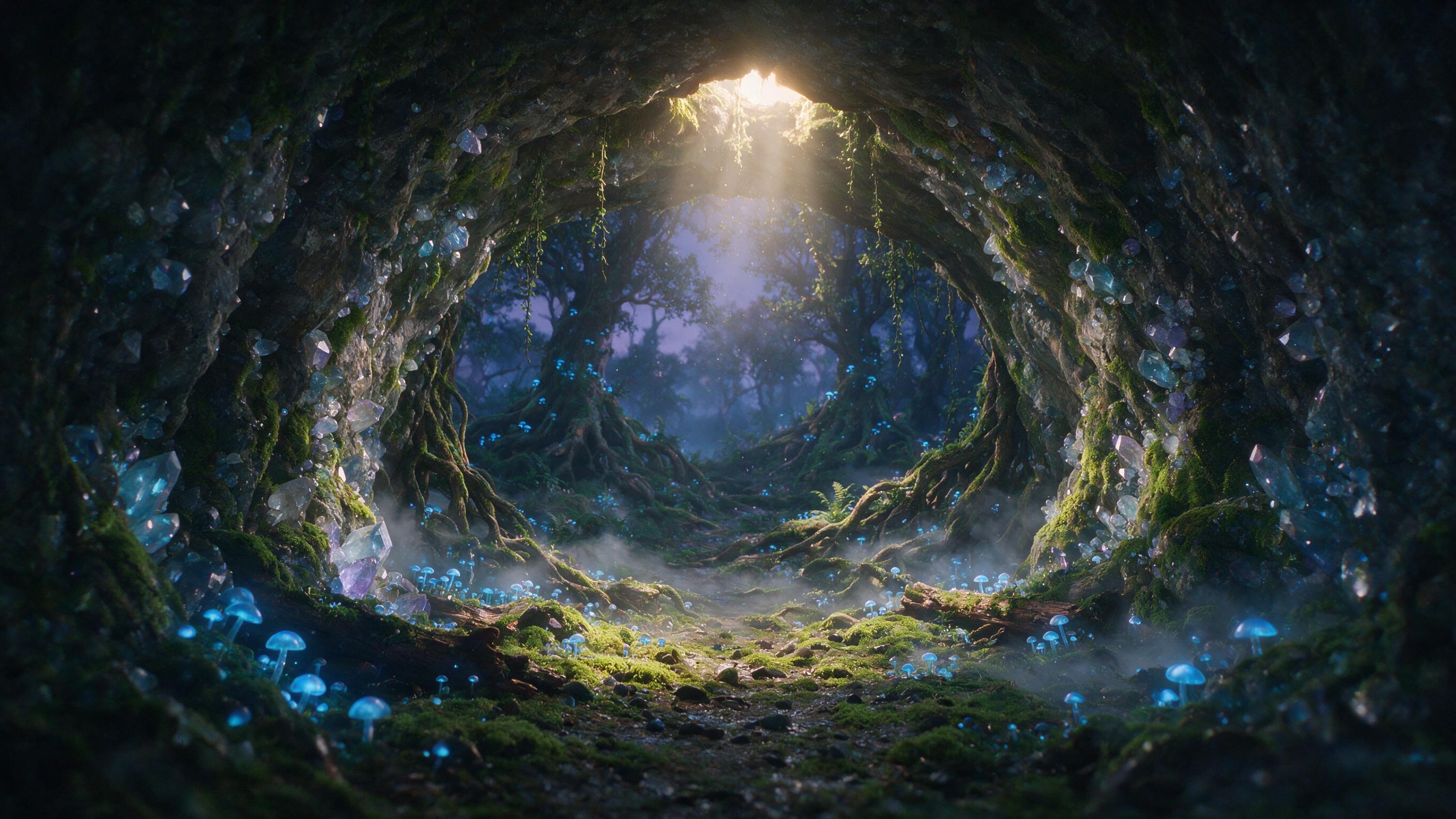 A luminous crystal cave hidden beneath a twilight forest, glowing blue mushrooms scattered on the damp ground, soft mist weaving through ancient tree roots, warm golden light seeping from cracks in the cave ceiling, slight camera shake adds dreamy atmosphere, no people