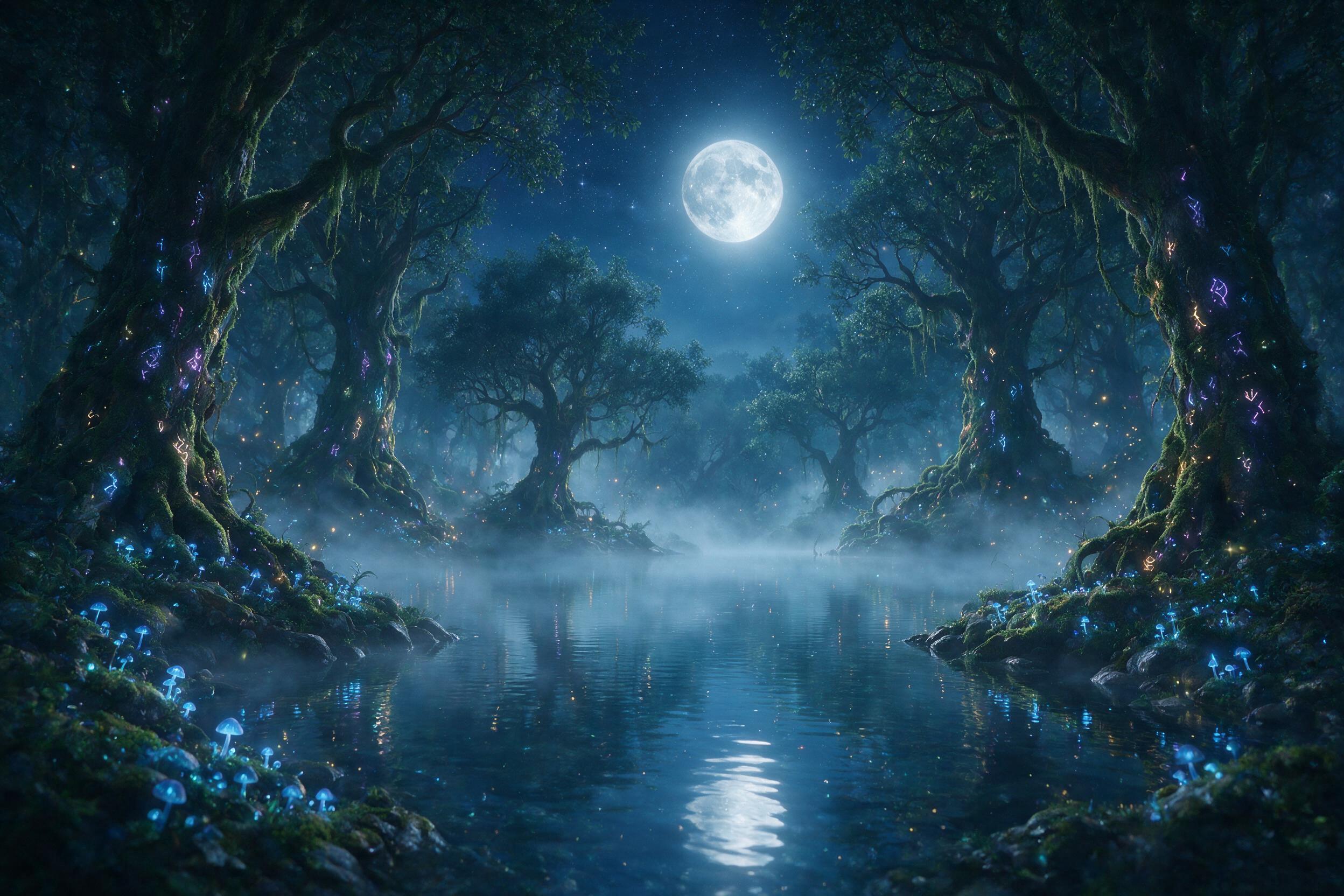A moonlit crystal lake in a misty enchanted forest, bioluminescent blue mushrooms along the shore, towering ancient trees with glowing runes, soft fog rolling over the water, reflected starlight, serene magical atmosphere, slight camera shake, natural lighting, no human figures