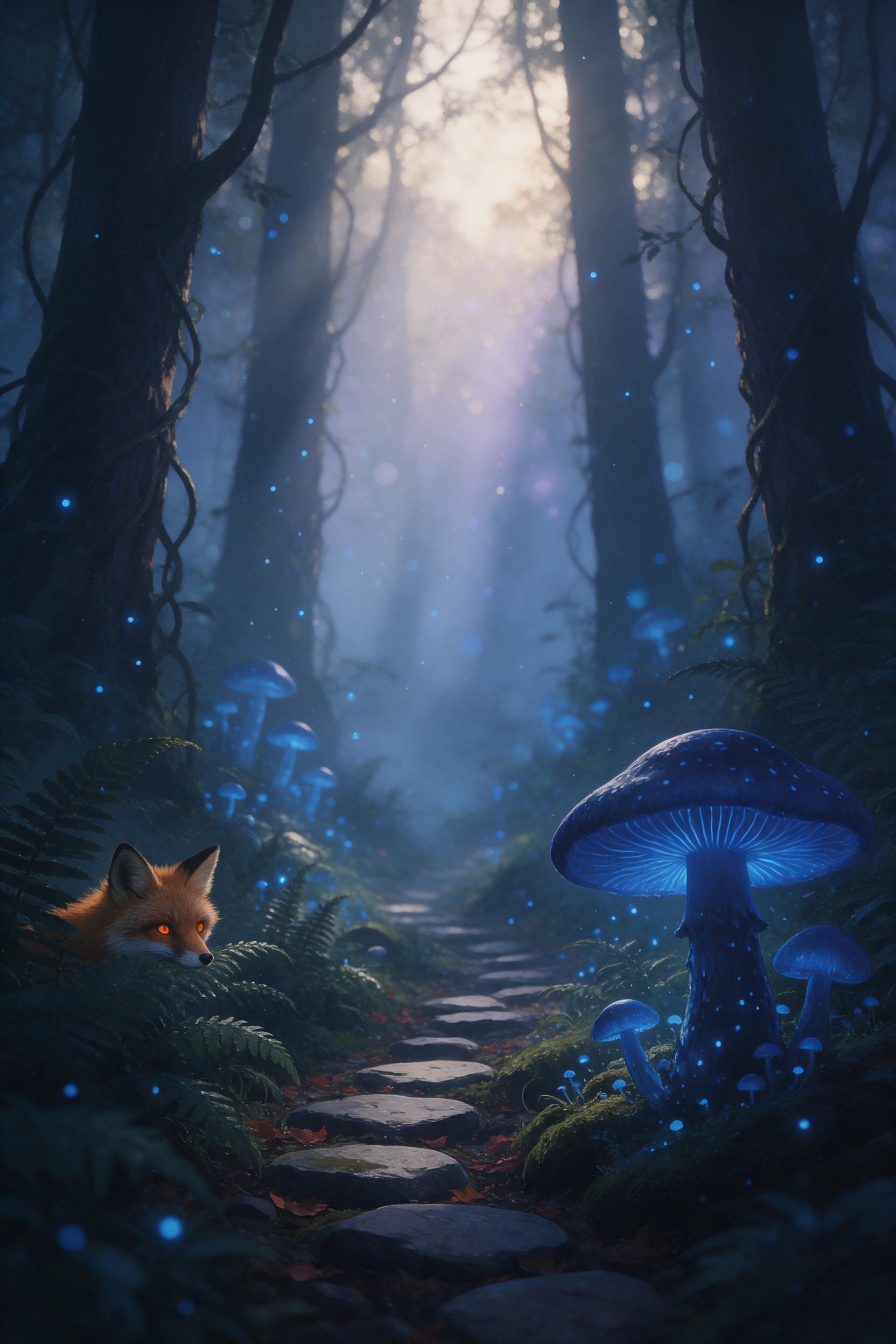 A misty ancient forest at dawn, giant glowing blue mushrooms and floating spores, a winding path of mossy stones, ethereal light rays piercing through fog, a small red fox with ember-like eyes watching from behind a fern, soft bokeh background, painterly style with muted greens and deep blues