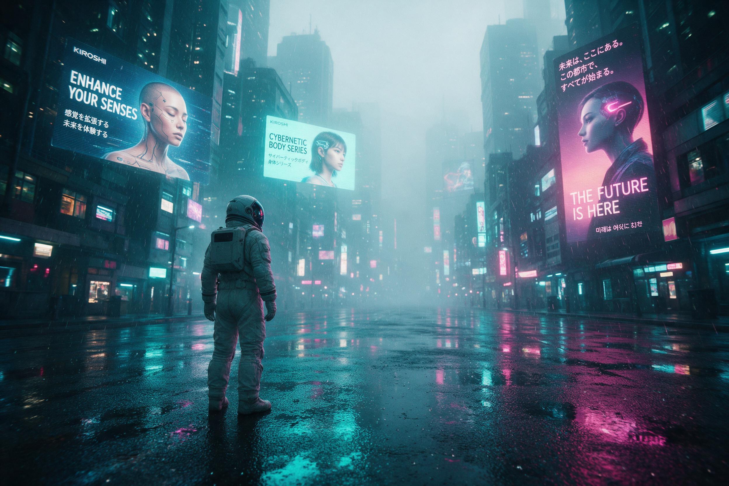 A lone astronaut standing on a rain-slicked neon-drenched street, holographic advertisements flickering overhead, reflections on wet asphalt, dense fog, cyberpunk cityscape at night, cyan and magenta lights, cinematic composition, slight lens distortion.