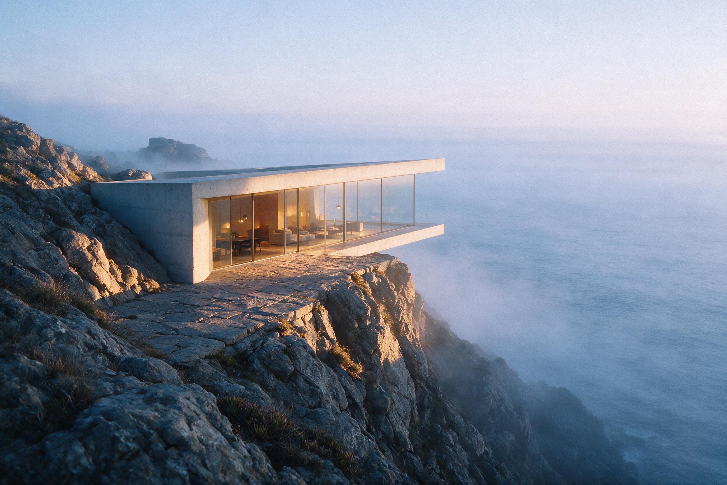 A minimalist concrete house cantilevered over a misty coastal cliff at dawn, warm interior light glowing through floor-to-ceiling glass, long shadows across rough stone, soft ocean fog rolling in, slight camera grain, natural morning haze, composition with strong diagonal lines and negative space.