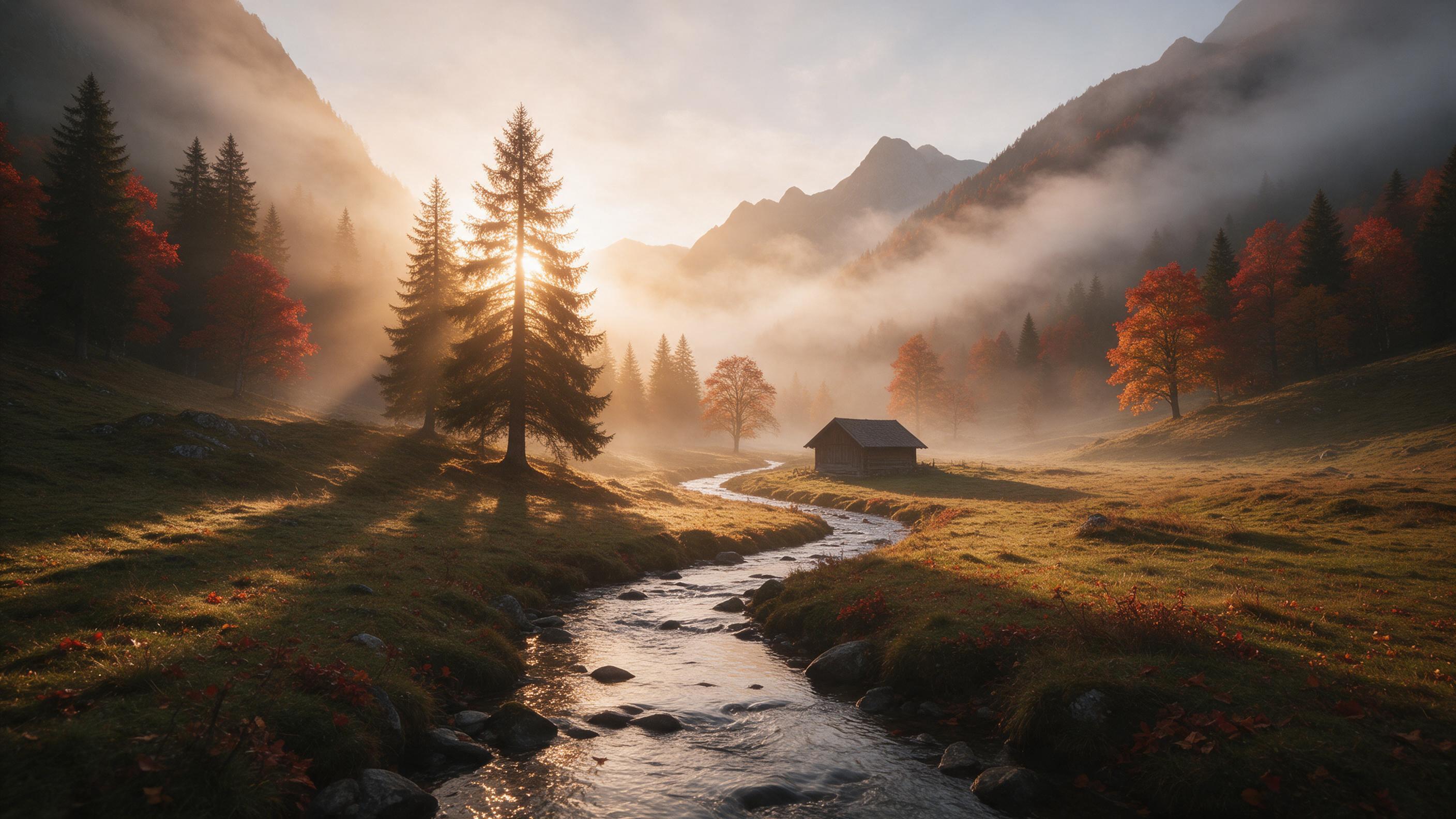 Sunrise over a misty alpine valley in autumn, golden light piercing through pine trees, a small wooden cabin beside a winding stream, leaves in warm red and orange, soft fog rolling down the slopes, composition with leading lines from the stream to the distant peaks, natural warm color grading with 