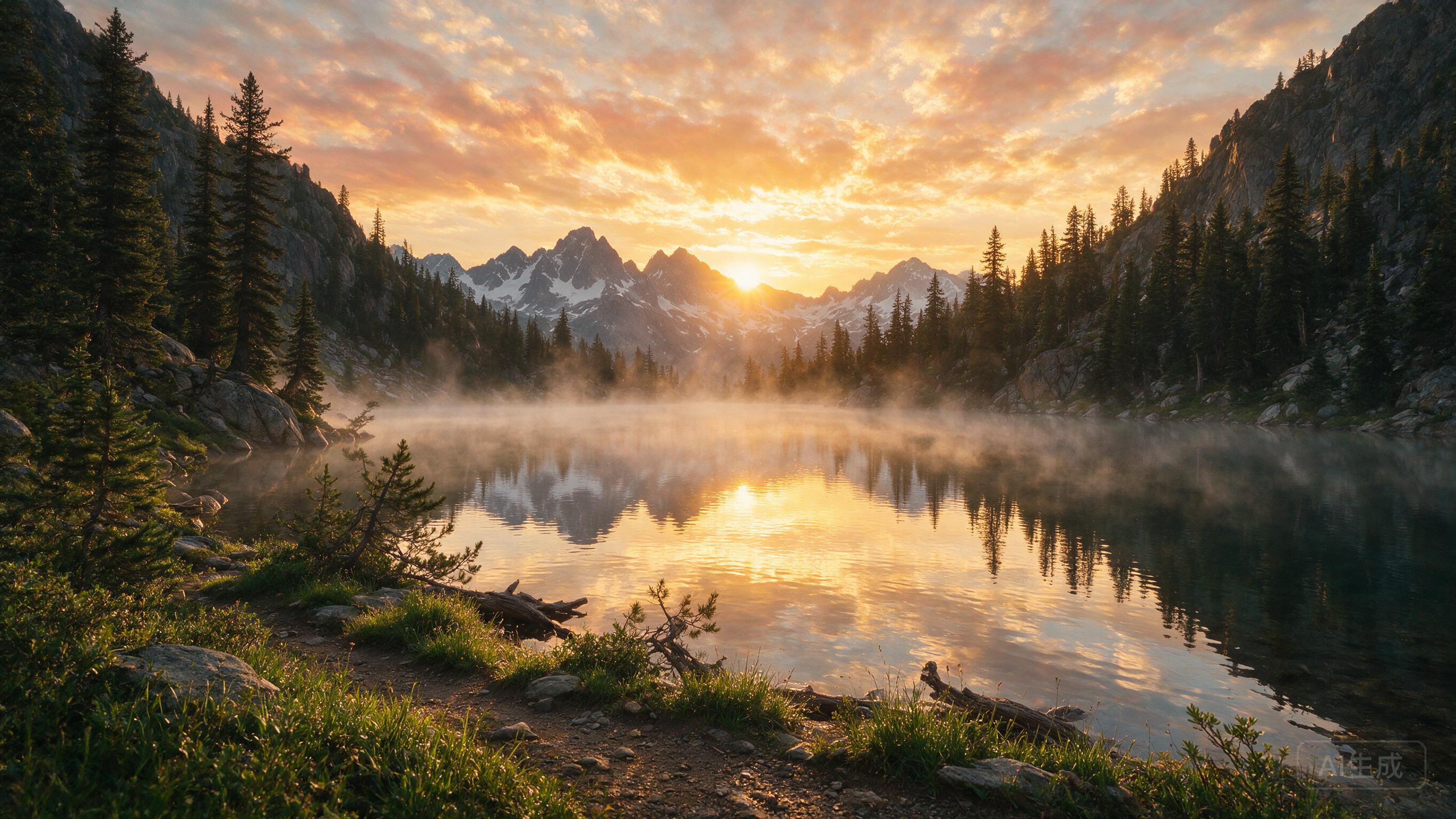 A serene mountain lake at dawn, mist rising from the water, pine trees silhouetted against a golden sky, soft reflections, wide-angle landscape composition.