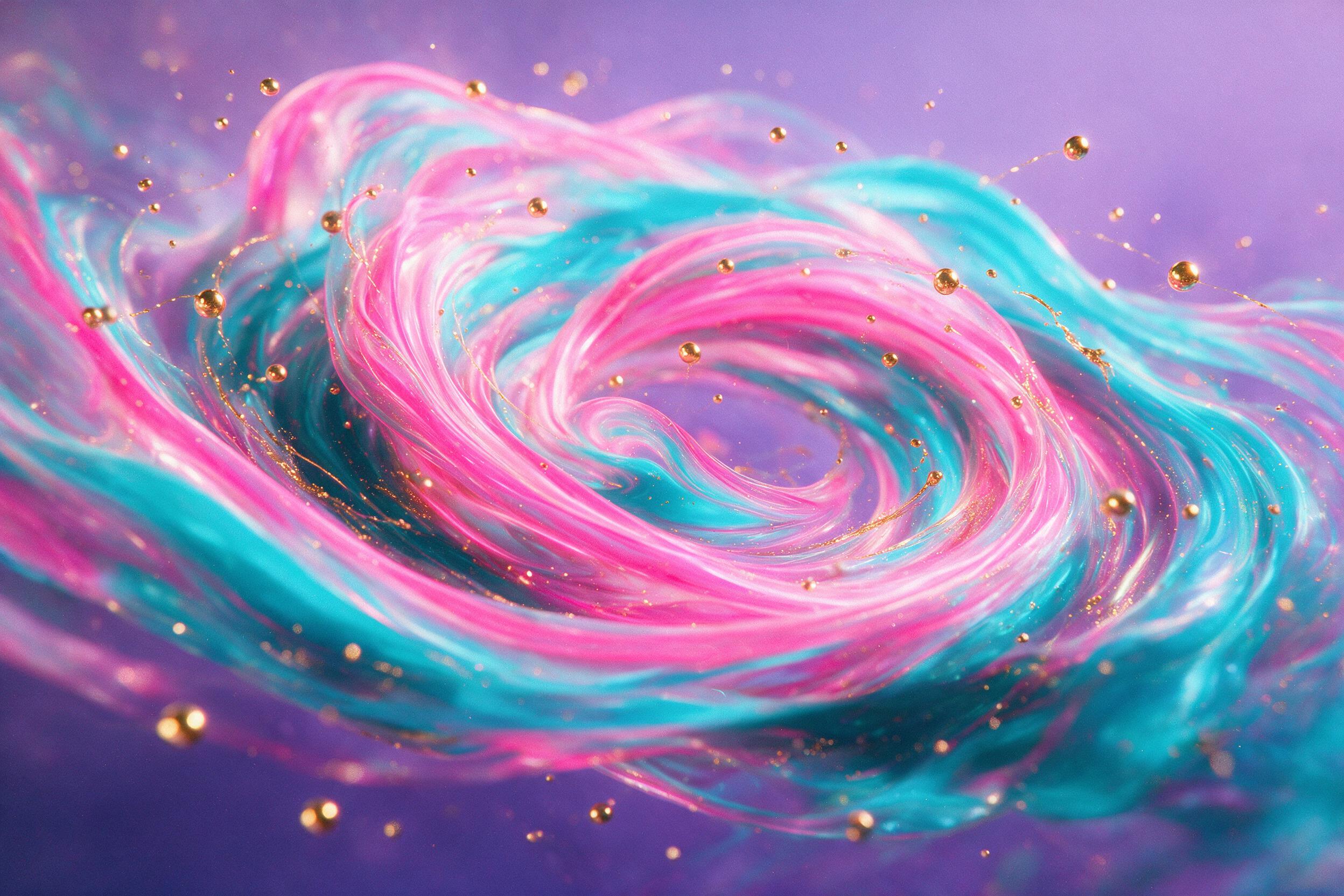 A swirling vortex of neon pink and cyan fluid art, with golden metallic droplets suspended in mid-air, backlit by a soft purple gradient, shallow depth of field, smooth organic curves, subtle film grain, no harsh edges