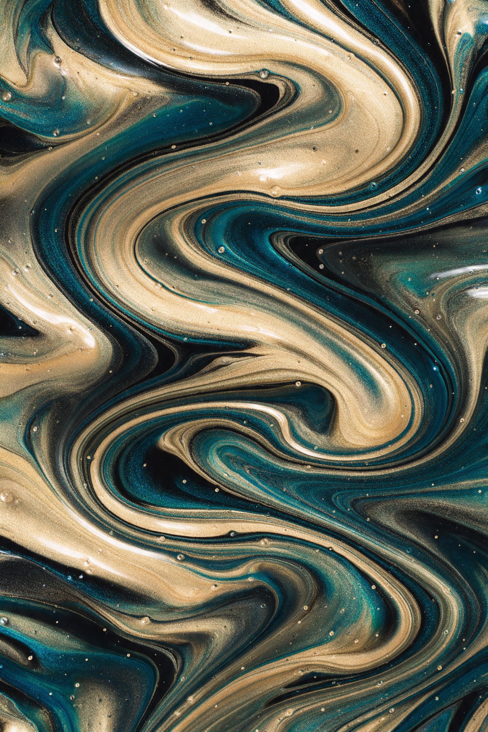 Fluid art on black canvas, swirling iridescent gold and deep teal acrylics, glossy highlights, macro lens perspective, soft studio lighting reflecting off wet paint, minimal shadows, no text or objects.