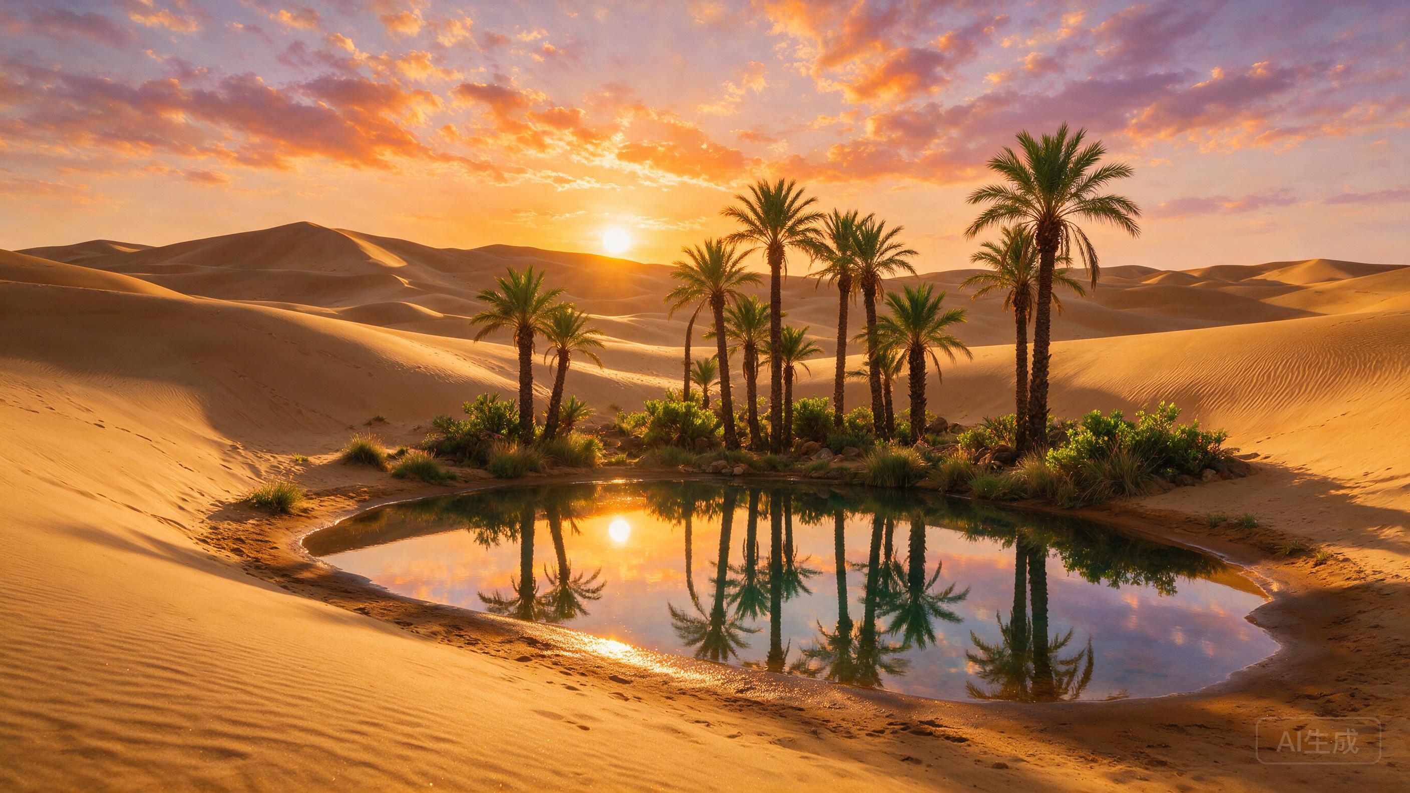 Desert oasis at sunset, palm trees reflected in still water, golden sand dunes, warm orange and purple sky