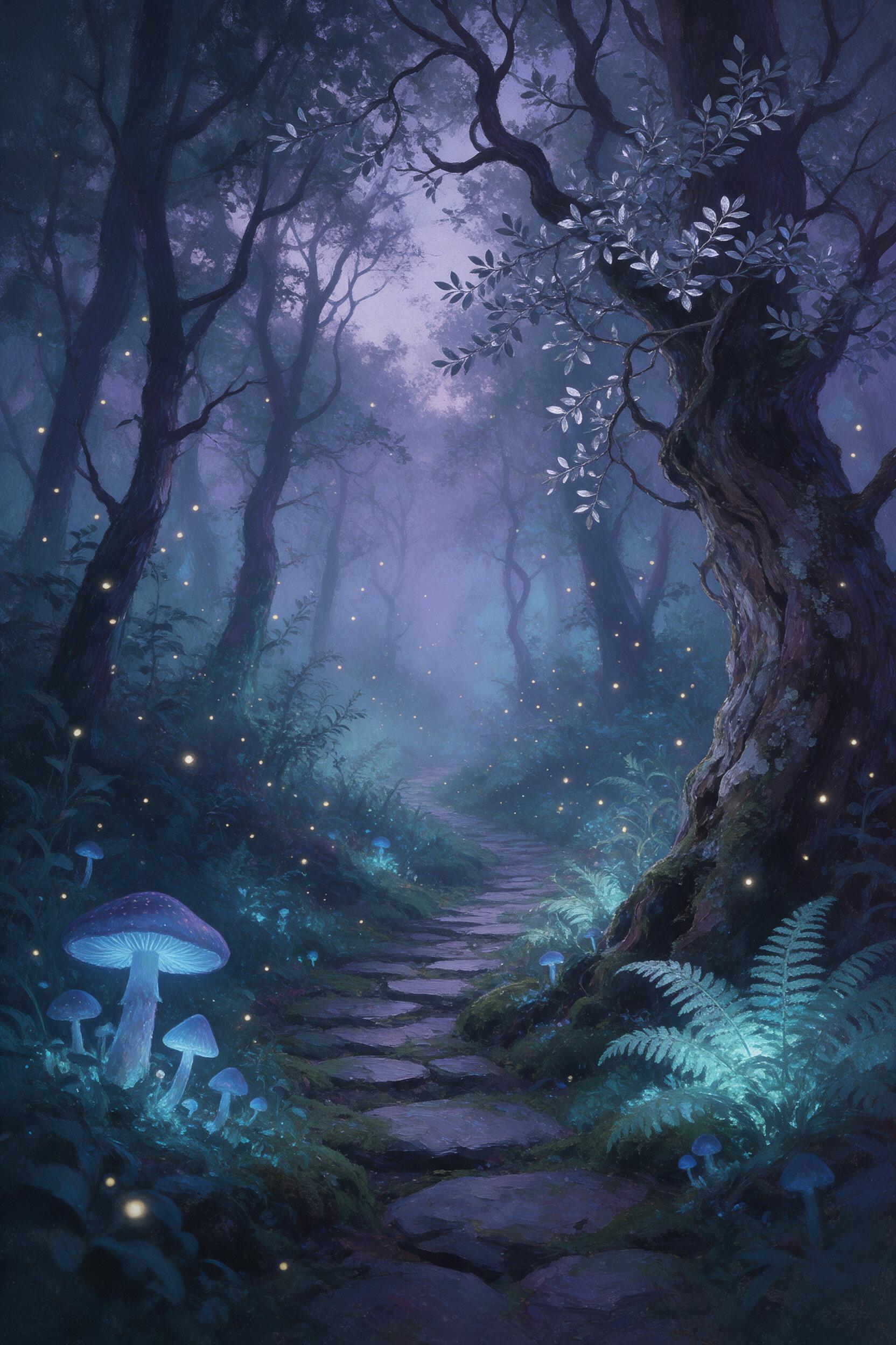 A misty enchanted forest at twilight, glowing blue mushrooms and bioluminescent ferns line a winding mossy path, ancient gnarled trees with silver leaves overhead, soft ethereal light filtering through fog, fireflies swirling, painterly brushstrokes, muted teal and violet palette, dreamlike atmosphe