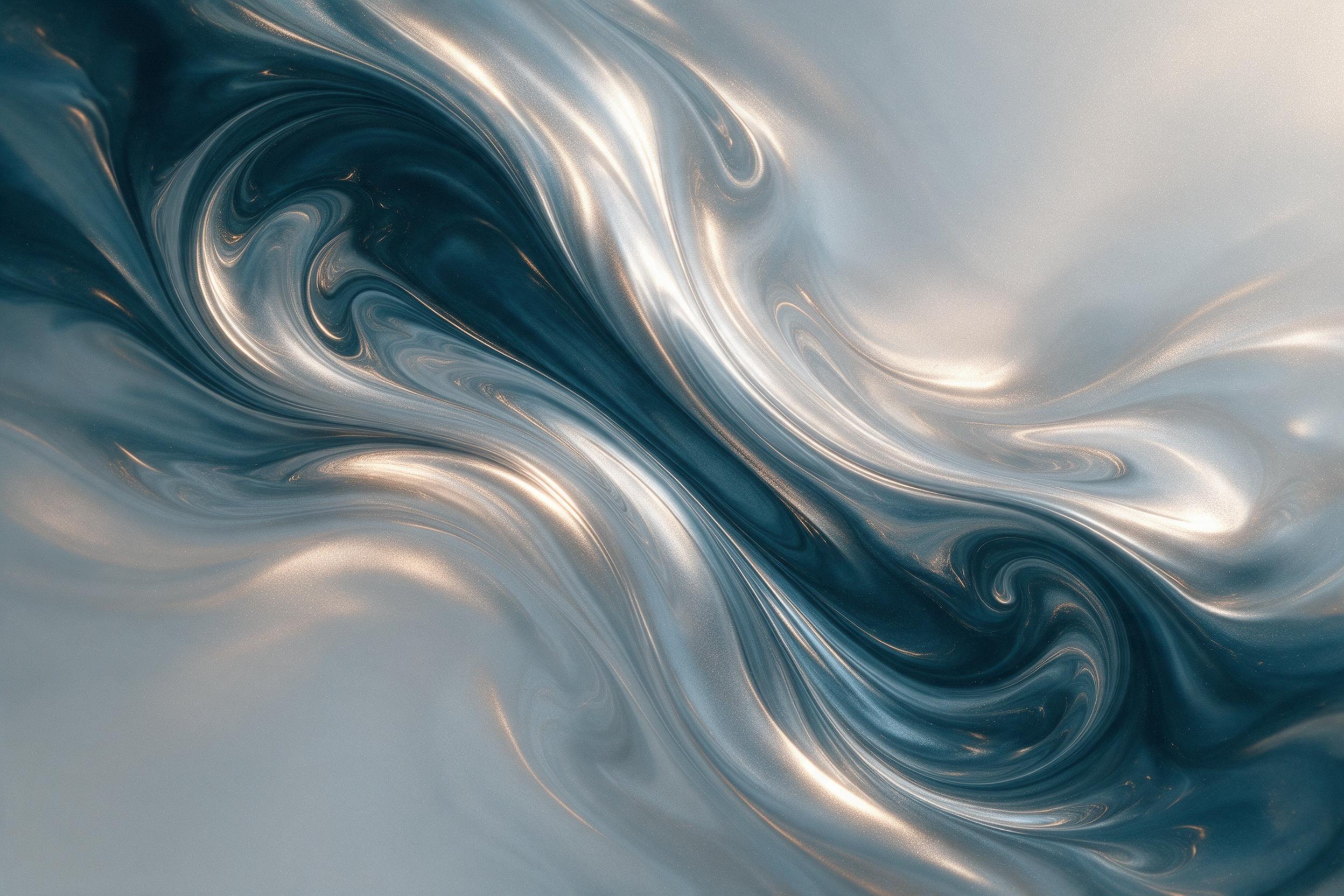 A fluid abstract composition of molten silver and deep teal, swirling like liquid marble, with soft golden light catching the ridges, gentle macro texture, subtle grain, minimalist depth, no text or figures, balanced negative space.