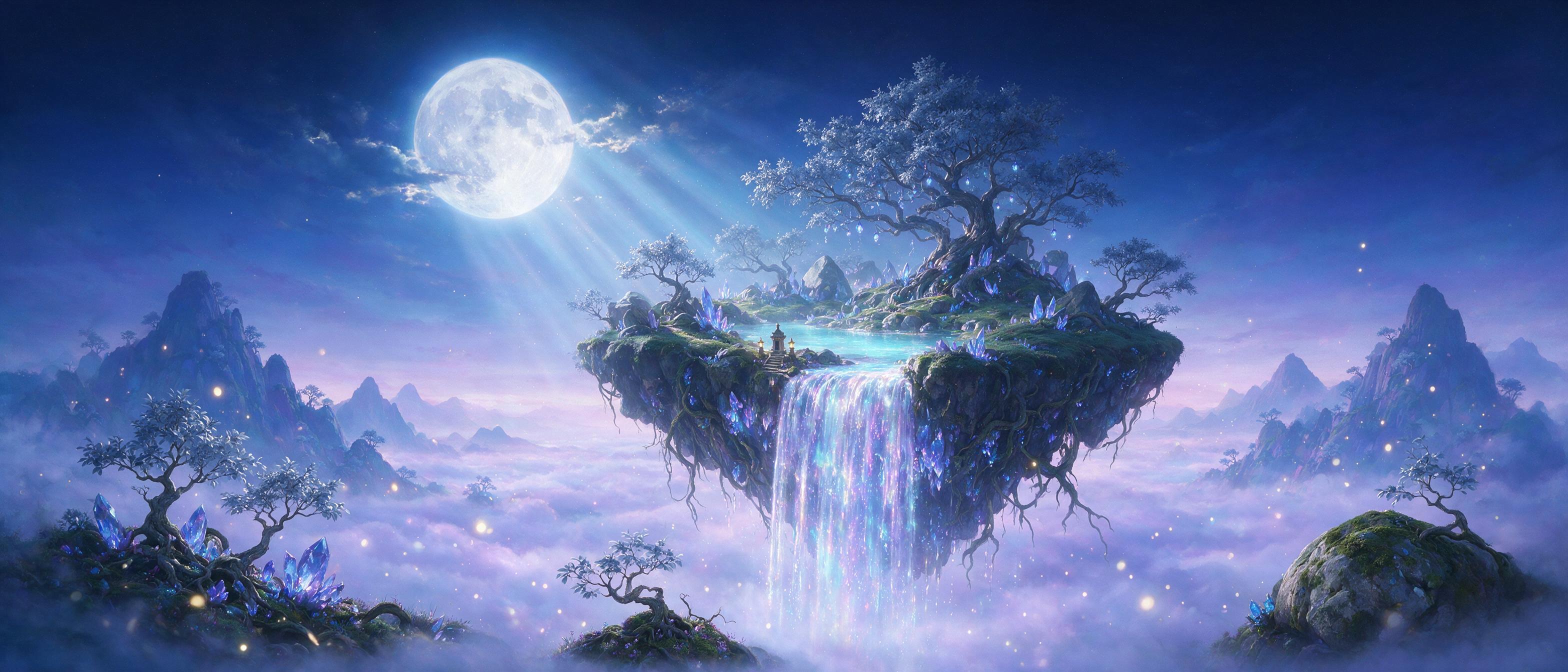 A moonlit floating island with a glowing crystal waterfall cascading into a sea of mist, ancient twisted trees with silver leaves, ethereal blue and purple hues, fireflies drifting, soft volumetric light, dreamy atmosphere, ultra-wide composition