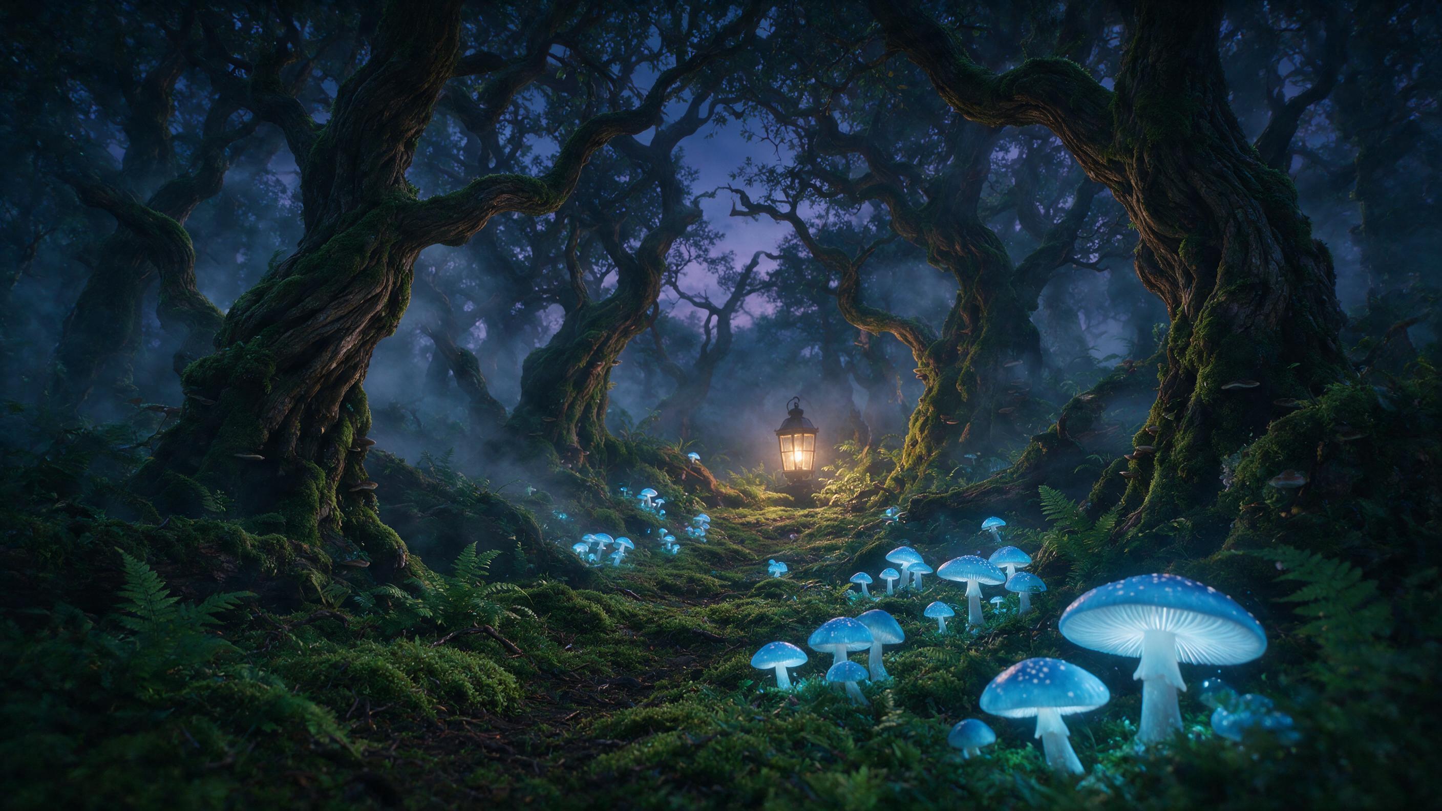 A mystical forest at twilight, glowing blue mushrooms scattered on mossy ground, gentle fog weaving through ancient twisted trees, soft golden light from a distant lantern, ethereal atmosphere, shallow depth of field, cinematic composition