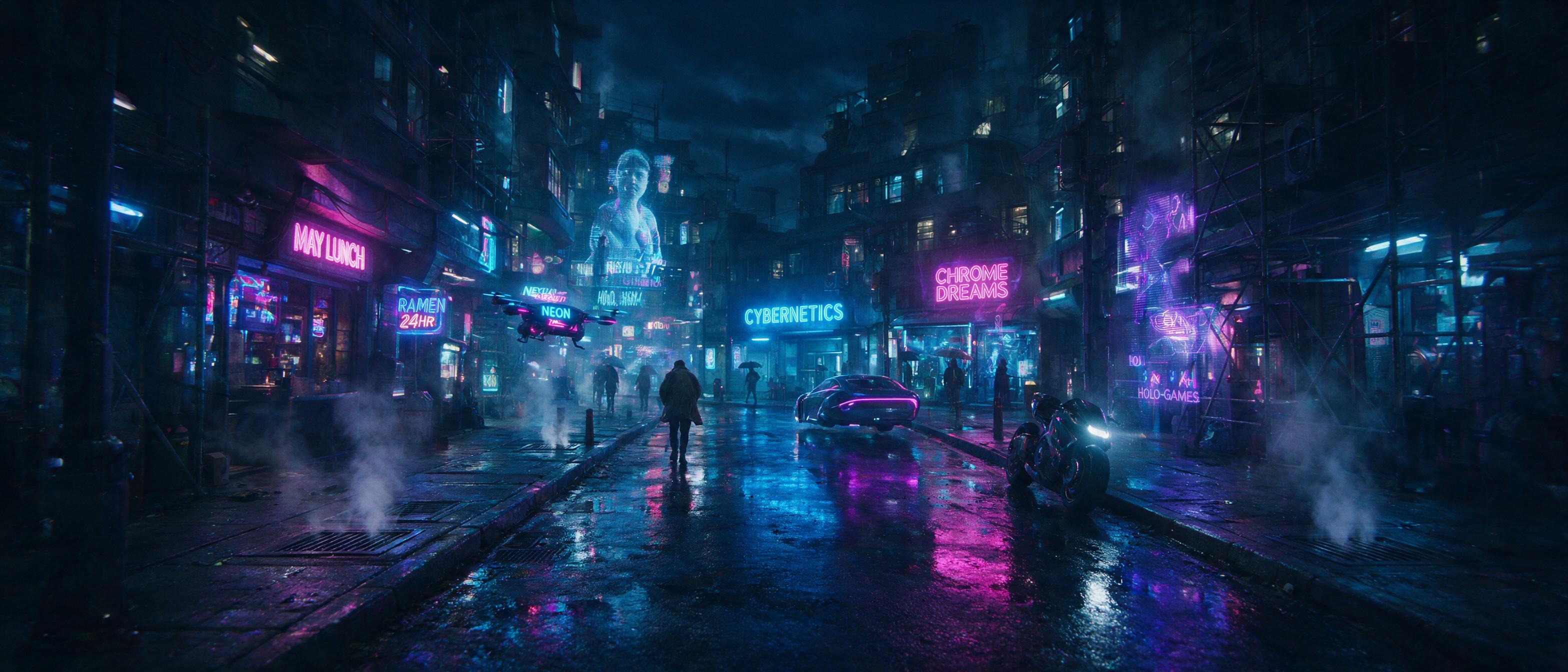 A neon-lit cyberpunk alleyway at midnight, rain-slicked asphalt reflecting holographic advertisements, steam rising from vents, a lone figure in a trench coat walks away, cinematic lighting, blue and magenta tones, slight motion blur, moody atmosphere.