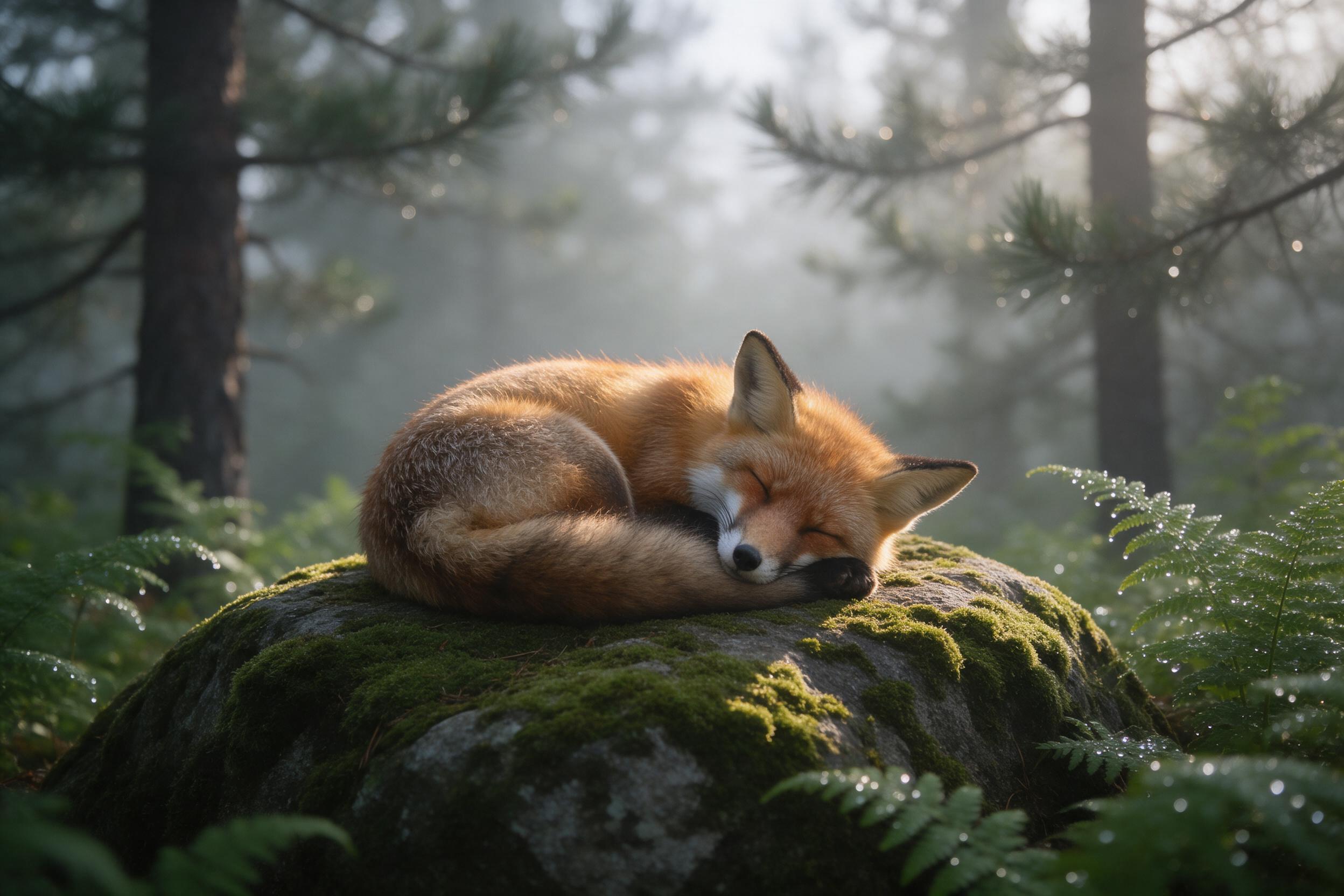 A red fox curled asleep on a moss-covered boulder in misty pine forest. Soft morning light filters through fog, dappling its fur with warm gold. Dew drops glisten on nearby ferns, shallow depth of field blurs background, gentle natural tones.