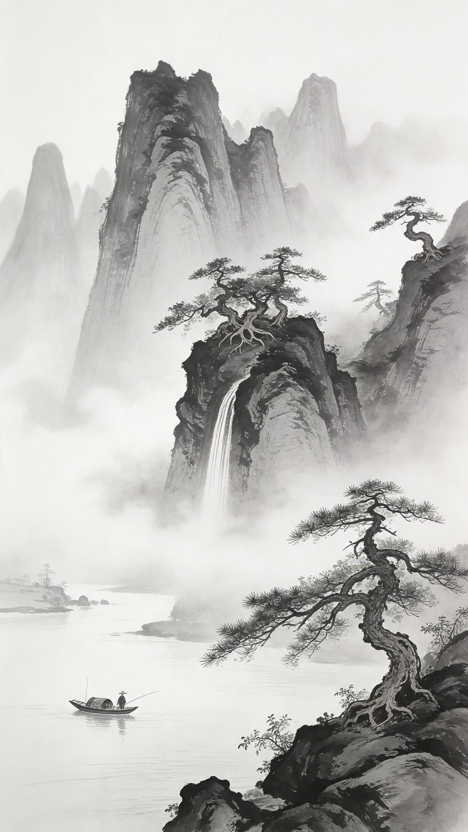 Ink wash painting style, misty mountain peaks emerging from clouds, ancient pine trees clinging to cliffs, a lone fisherman in a small boat on a calm river, soft gray and black tones with subtle green accents, negative space emphasized, brushstroke texture visible, tranquil atmosphere, vertical comp