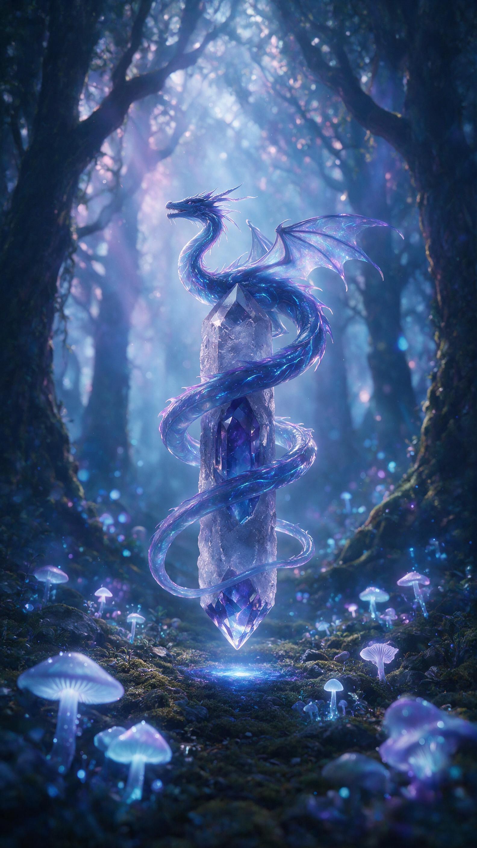 A glowing, translucent dragon curled around a floating crystal pillar in a misty forest, bioluminescent mushrooms dotting the ground, soft blue and purple light rays filtering through ancient trees, ethereal atmosphere, cinematic composition with shallow depth of field.