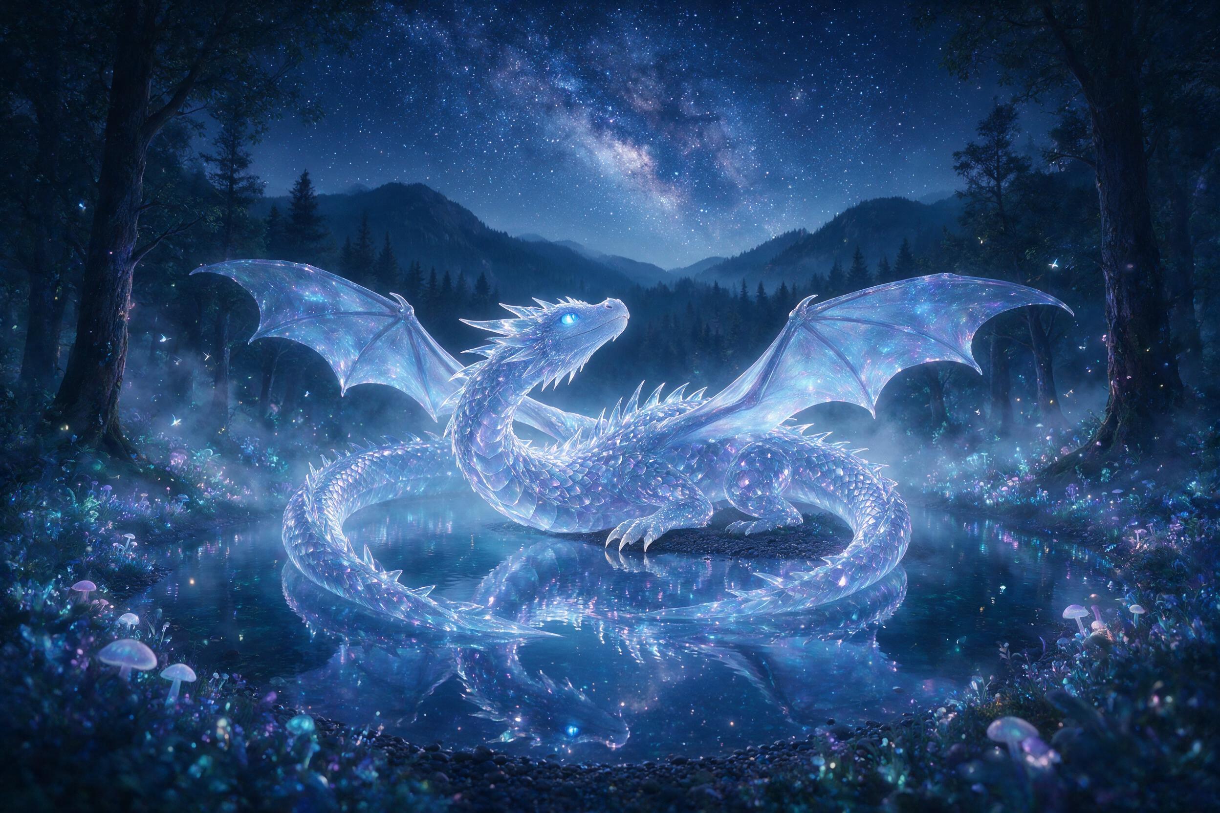 A glowing, translucent dragon curled around a crystal-clear lake in a bioluminescent forest, its scales reflecting starlight, soft mist rising, ethereal blue and purple hues, wide-angle shot, dreamy atmosphere