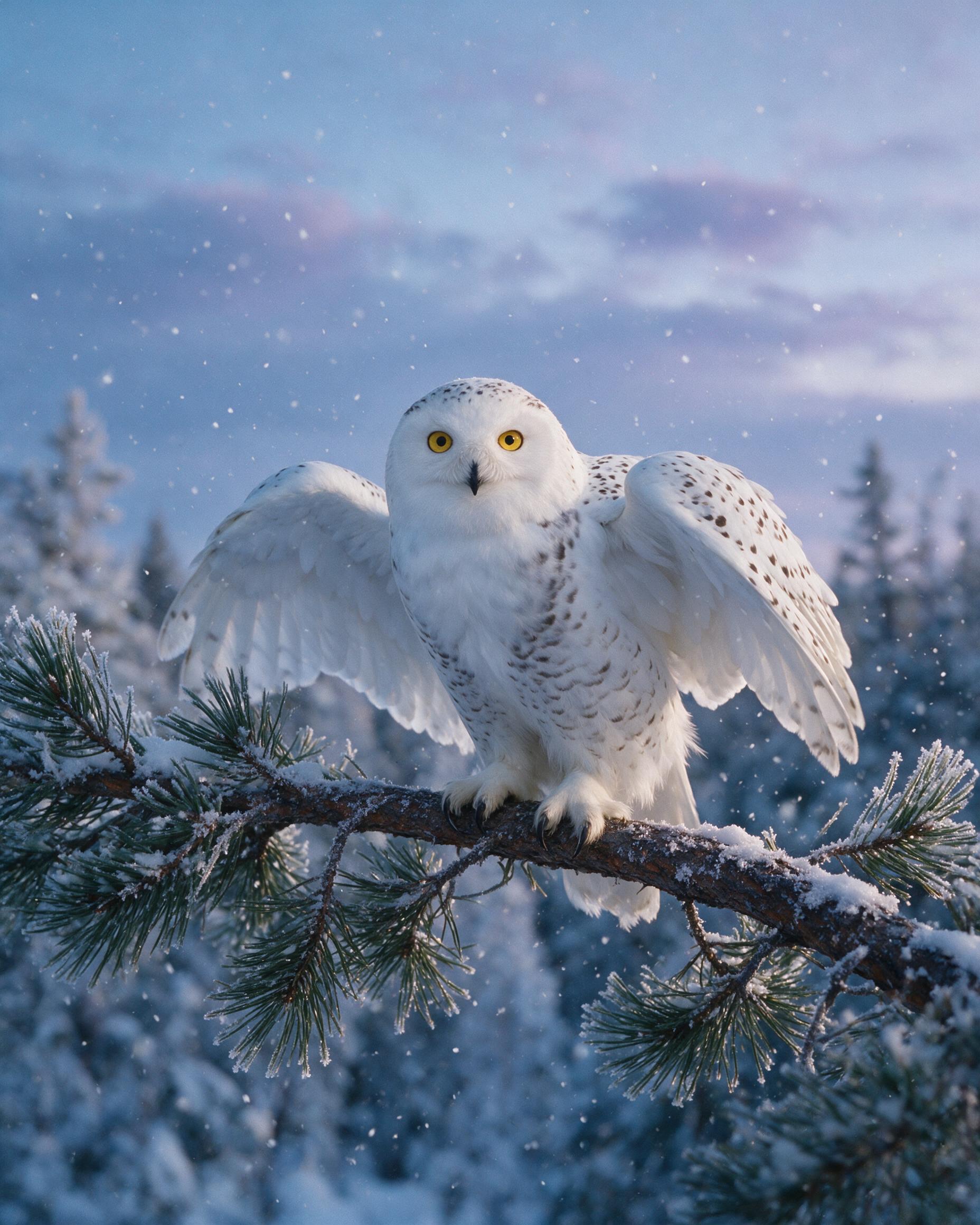 A snowy owl perched on a frost-covered pine branch at twilight, wings slightly spread, soft blue and purple sky, snowflakes falling, natural lighting, shallow depth of field, slight camera grain, no blur or motion, 4:5 aspect ratio