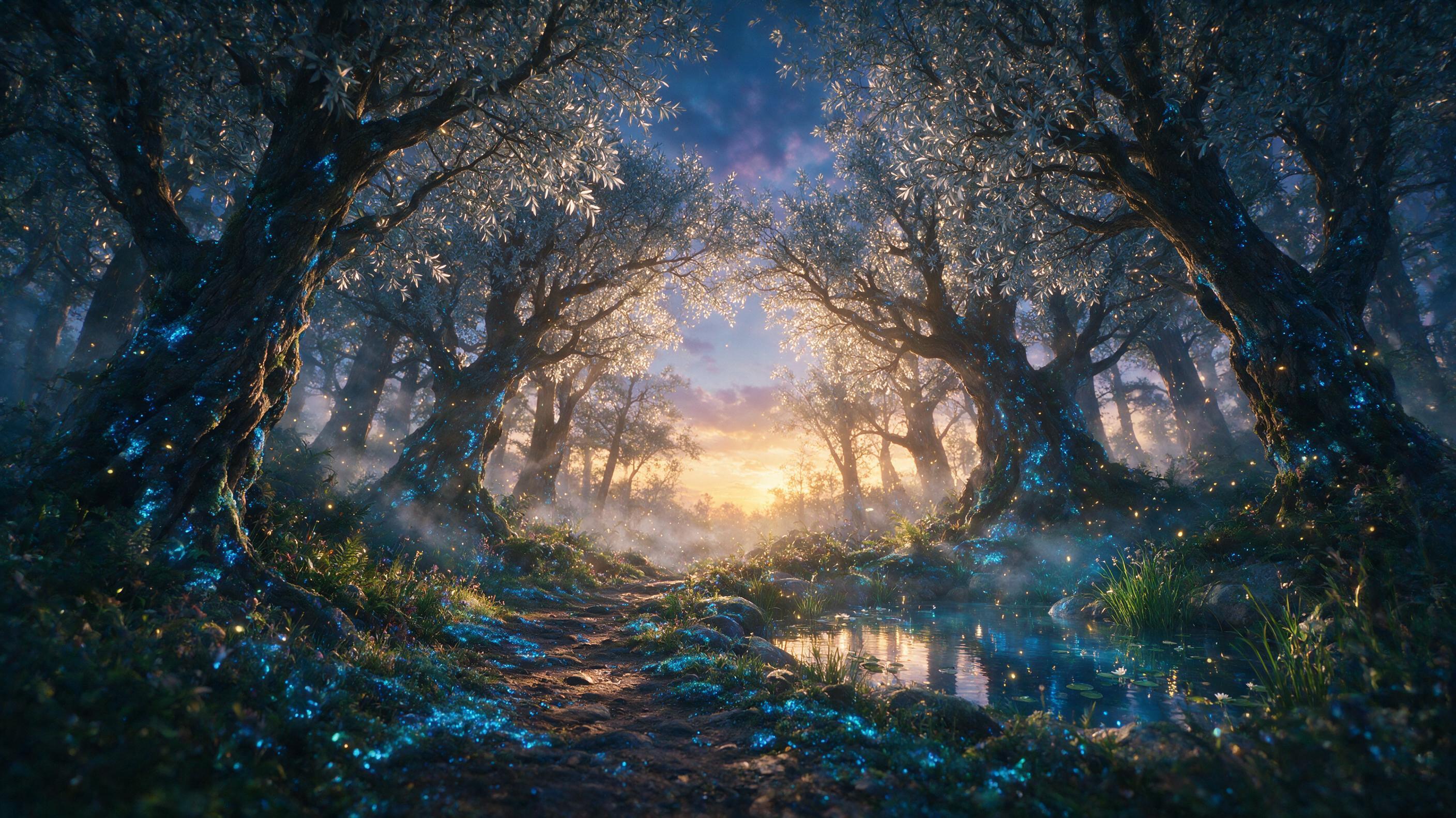 A luminous forest at twilight, where ancient trees with glowing blue moss and silver leaves arch over a winding path. Soft fireflies drift through the air, casting gentle reflections on a small, clear pond. Ethereal mist rises from the ground, blending with the last rays of golden sunlight. Low angl