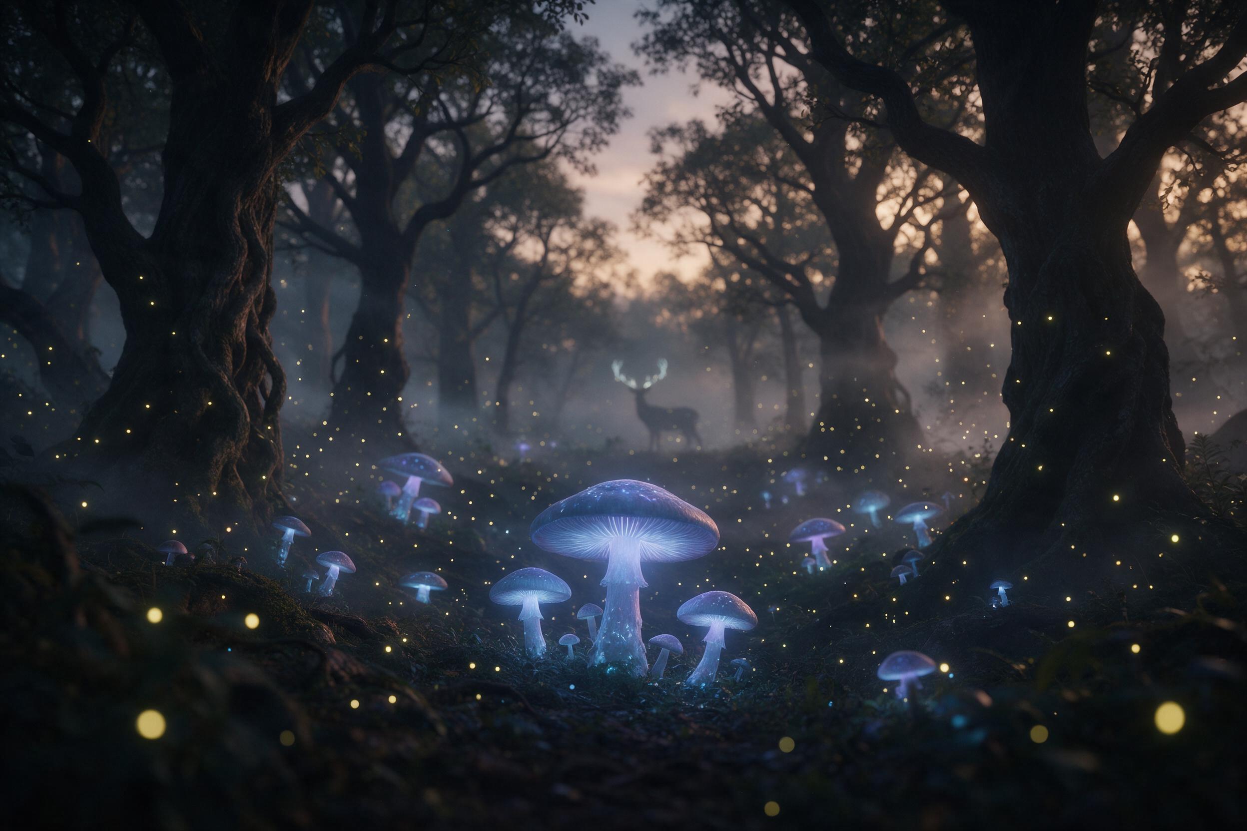 A luminous forest at twilight, giant mushrooms emitting soft blue and violet glow, tiny fireflies swirling like constellations, mist weaving between ancient twisted trees, a faint silhouette of a deer with antlers of light, ethereal atmosphere, cinematic lighting, shallow depth of field, muted earth