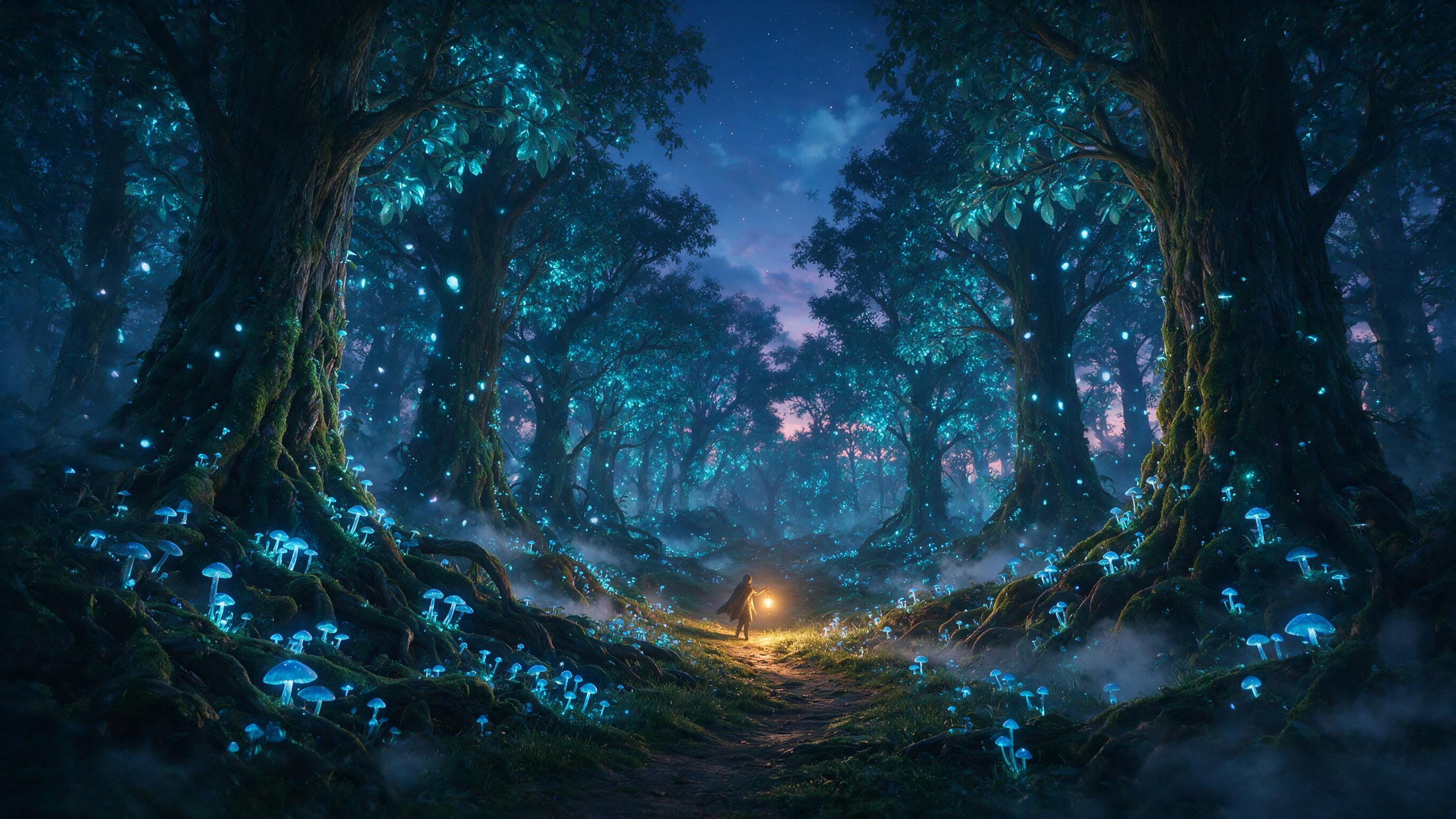A glowing, bioluminescent forest at twilight, with massive, ancient trees whose roots intertwine with glowing blue mushrooms and floating ethereal orbs. A single figure in a flowing cloak walks a winding path, lantern in hand, soft mist hugging the ground. Warm amber light from the lantern contrasts