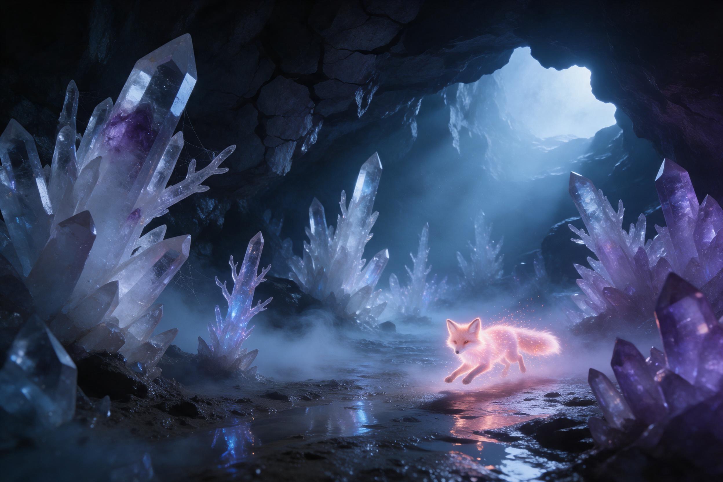 A moonlit crystal cavern, glowing quartz formations rising like frozen trees, a small bioluminescent fox weaving between the shards, soft blue and violet light reflecting on wet stone, mist rolling across the floor, wide-angle composition with depth