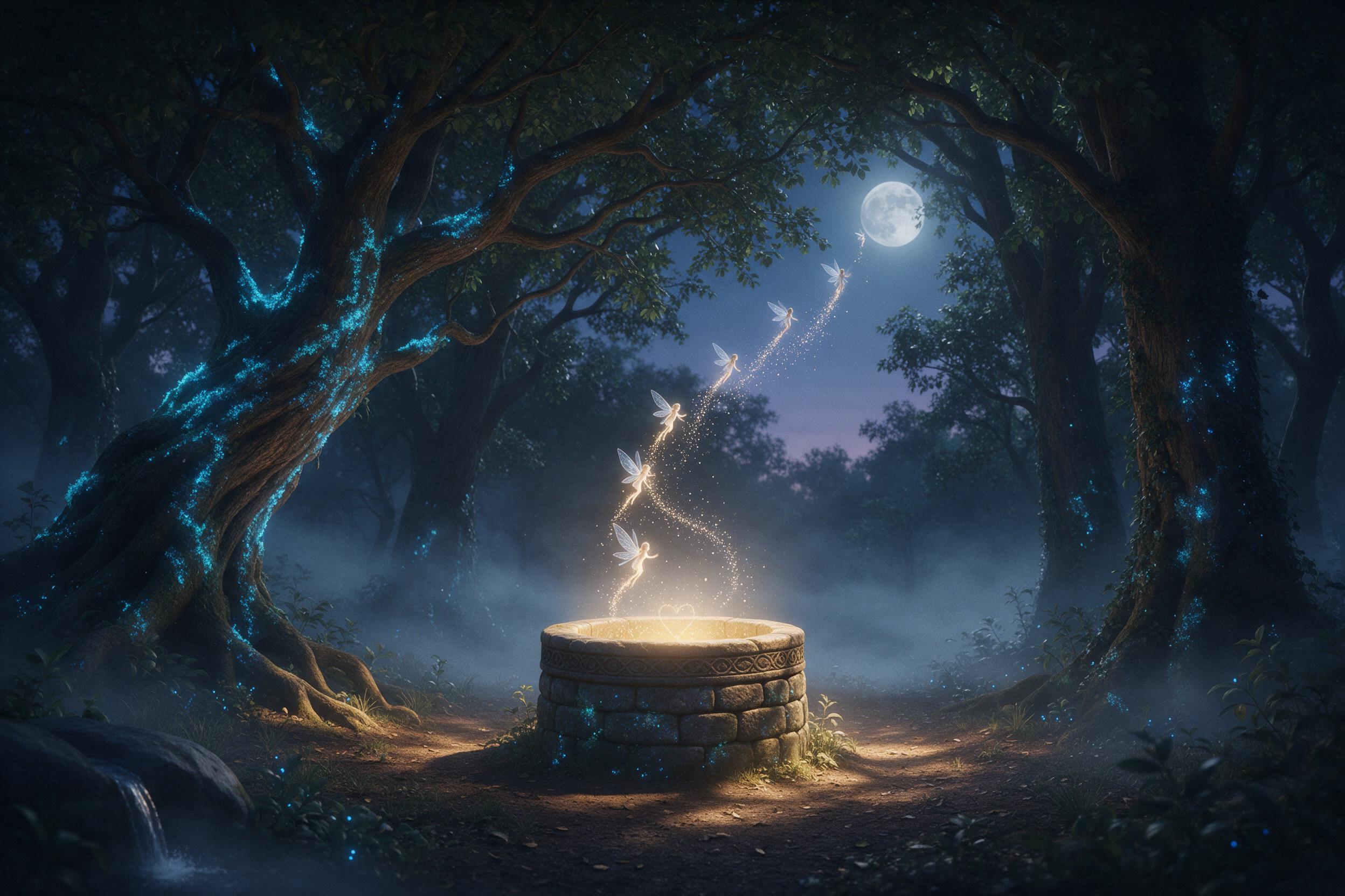 A misty forest clearing at twilight, where ancient trees with glowing blue moss arch overhead. In the center, a small stone well emits soft golden light, and tiny, winged faeries spiral upward in shimmering trails. Diffused moonlight filters through the canopy, casting dappled shadows. The air feels