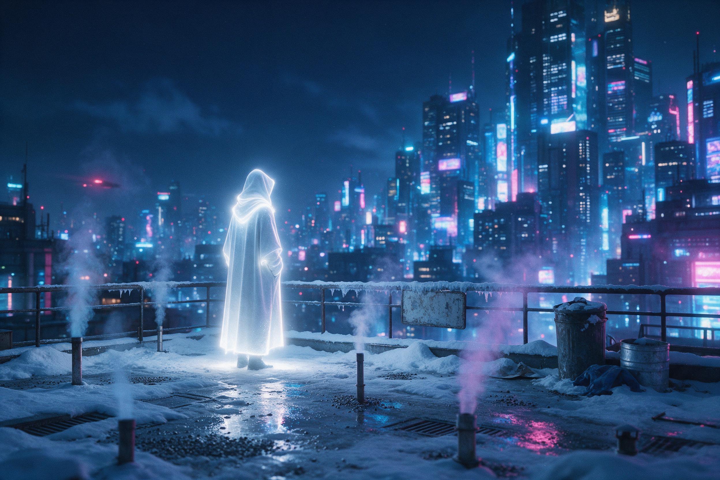 Snow-covered rooftop in neon-lit cyberpunk city at midnight. A lone figure in a glowing white hooded cloak stands by a railing, overlooking a maze of holographic billboards. Steam rises from vents, soft blue and pink reflections on wet slush. Slight grain, shallow depth of field, cool color palette.