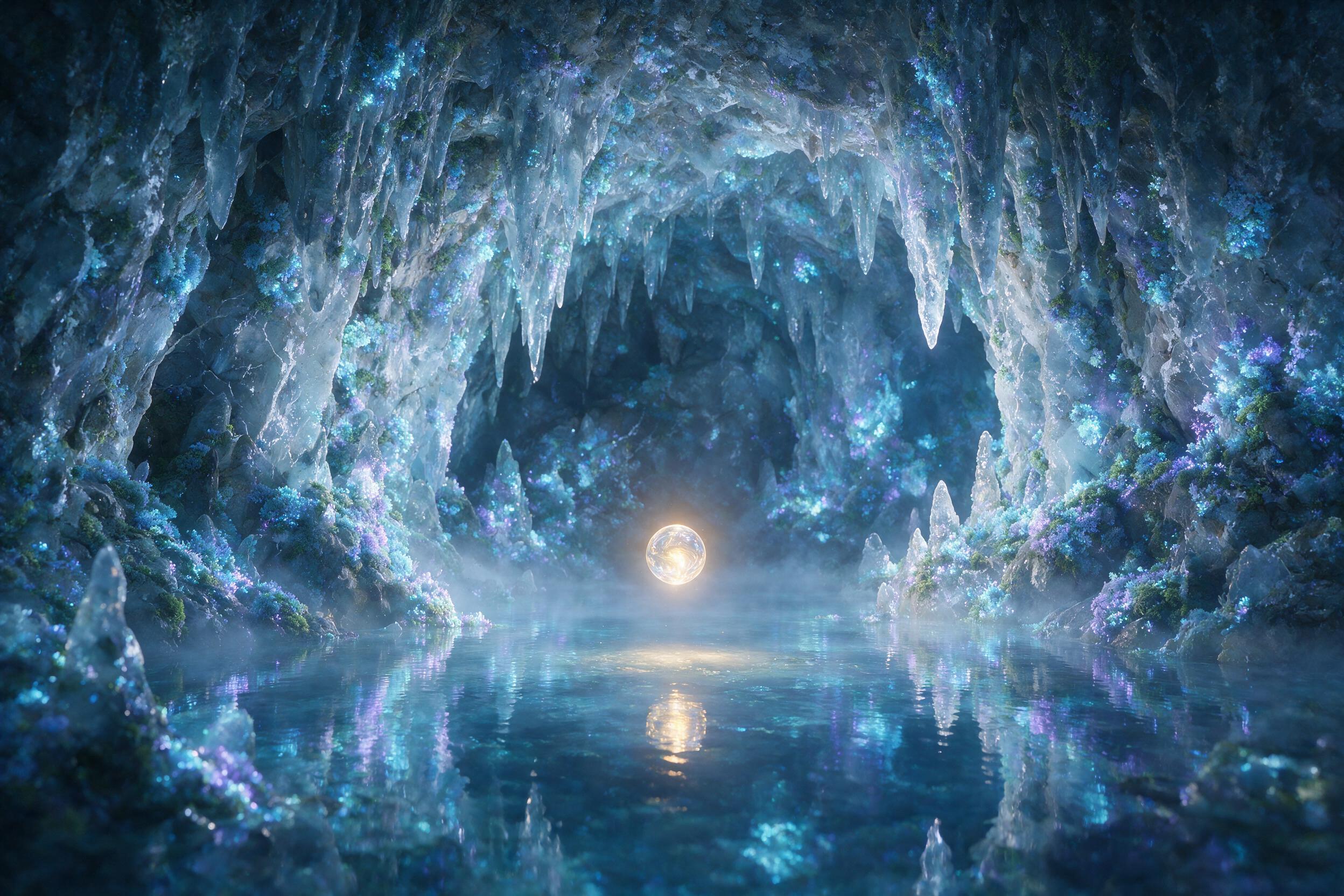A luminous crystal cave deep underground, bioluminescent moss clinging to jagged stalactites, soft blue and purple light pooling on still water, a single floating orb casting a warm golden glow, subtle mist weaving through the air, dreamlike atmosphere with natural grain, no harsh shadows, balanced 