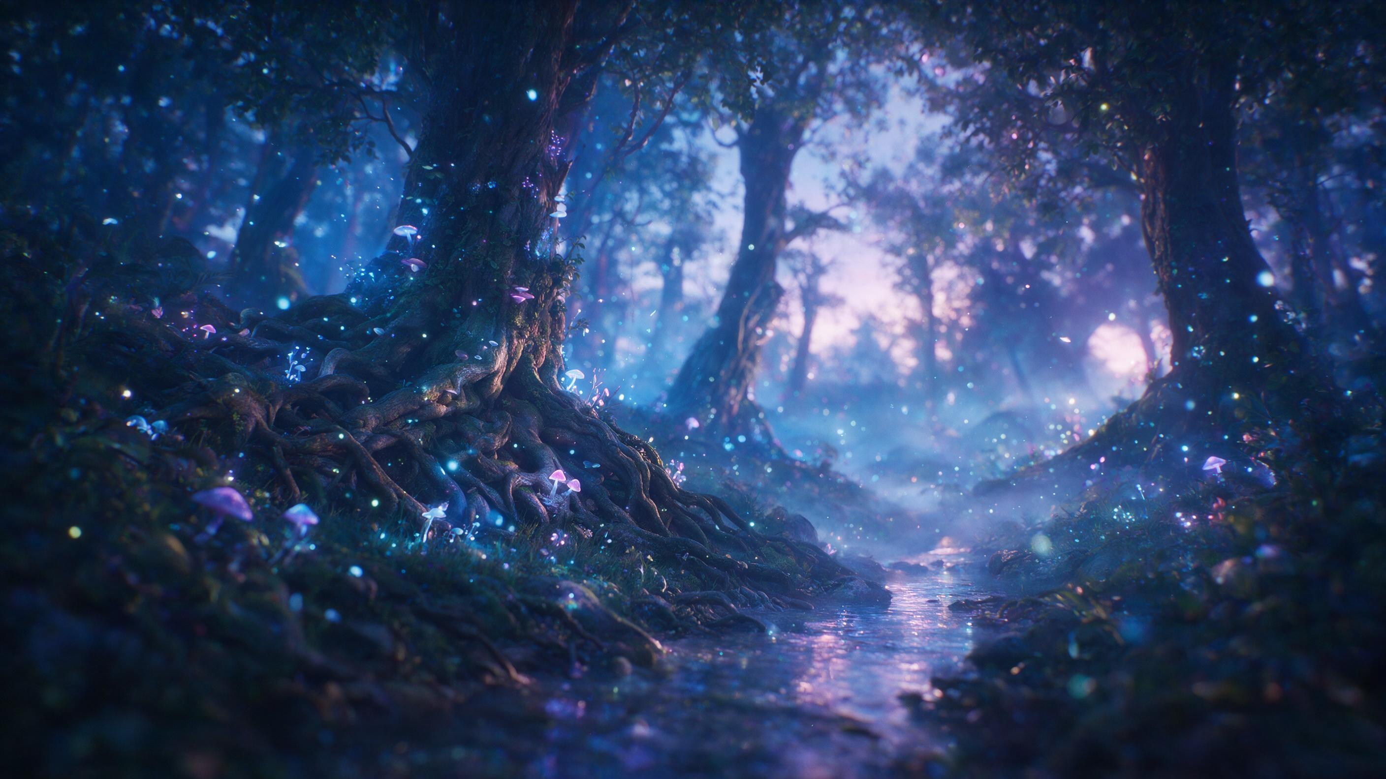 A luminous, ethereal forest at twilight. Glowing mushrooms and floating fireflies cast soft blue and purple light on ancient trees with twisted roots. A misty brook winds through the scene, reflecting the ambient glow. Shallow depth of field, soft focus, natural lighting, cinematic composition.