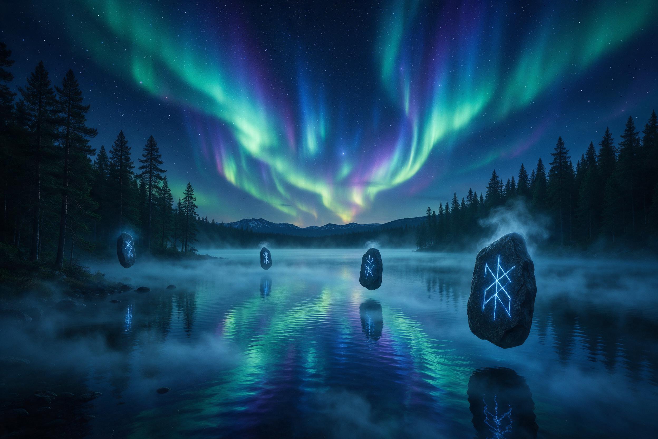 A crystal-clear mountain lake reflects a starry sky filled with vivid aurora, while ancient glowing runes hover above the water surface. The scene is surrounded by dark pine forests, with mist drifting low over the surface. Soft ethereal light from the aurora illuminates the ripples, creating a myst