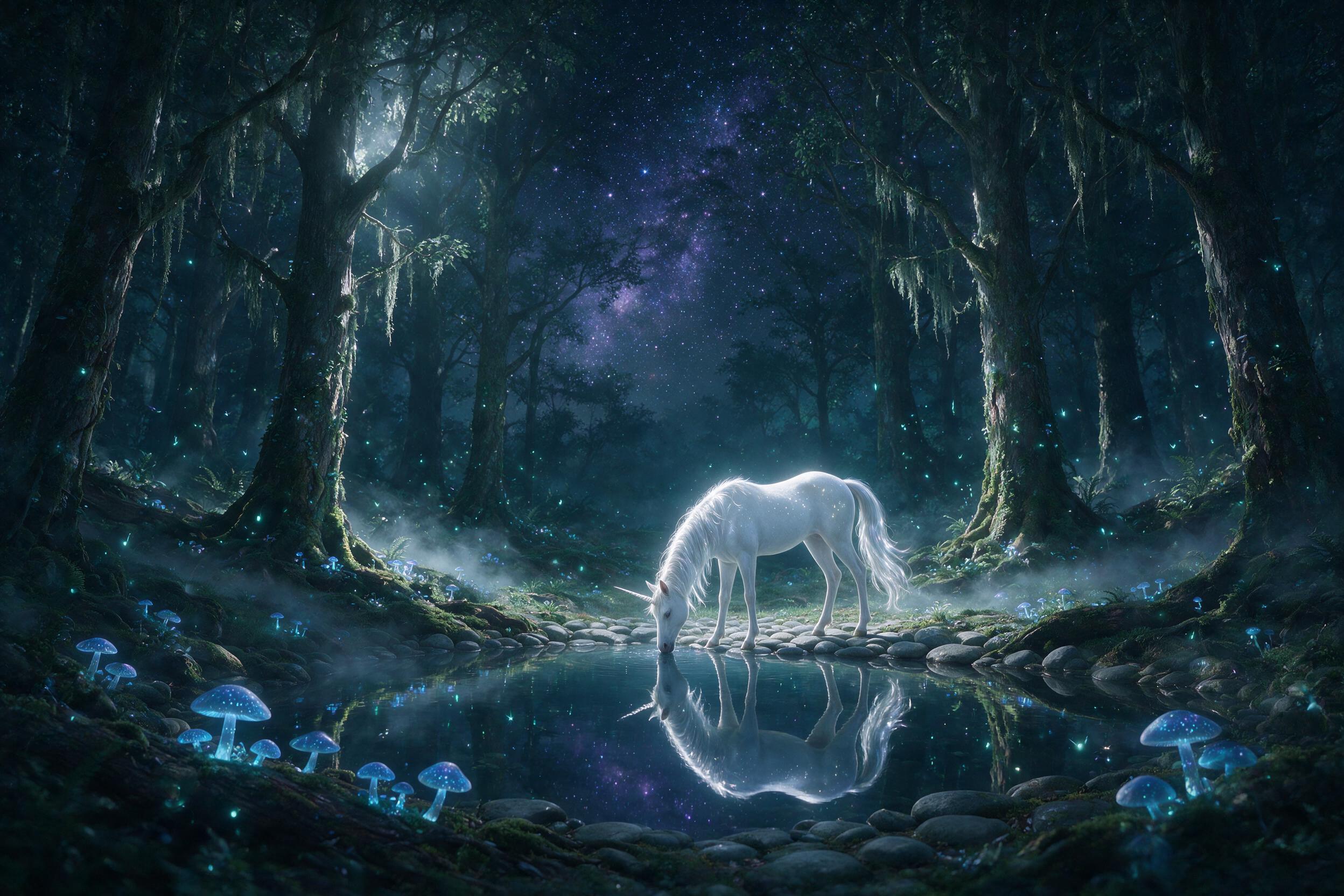 A moonlit ancient forest clearing, glowing blue mushrooms and fireflies, a slender unicorn with silver mane drinking from a mirror-like pond, reflections of distant stars, mist curling between mossy tree roots, cool teal and violet palette
