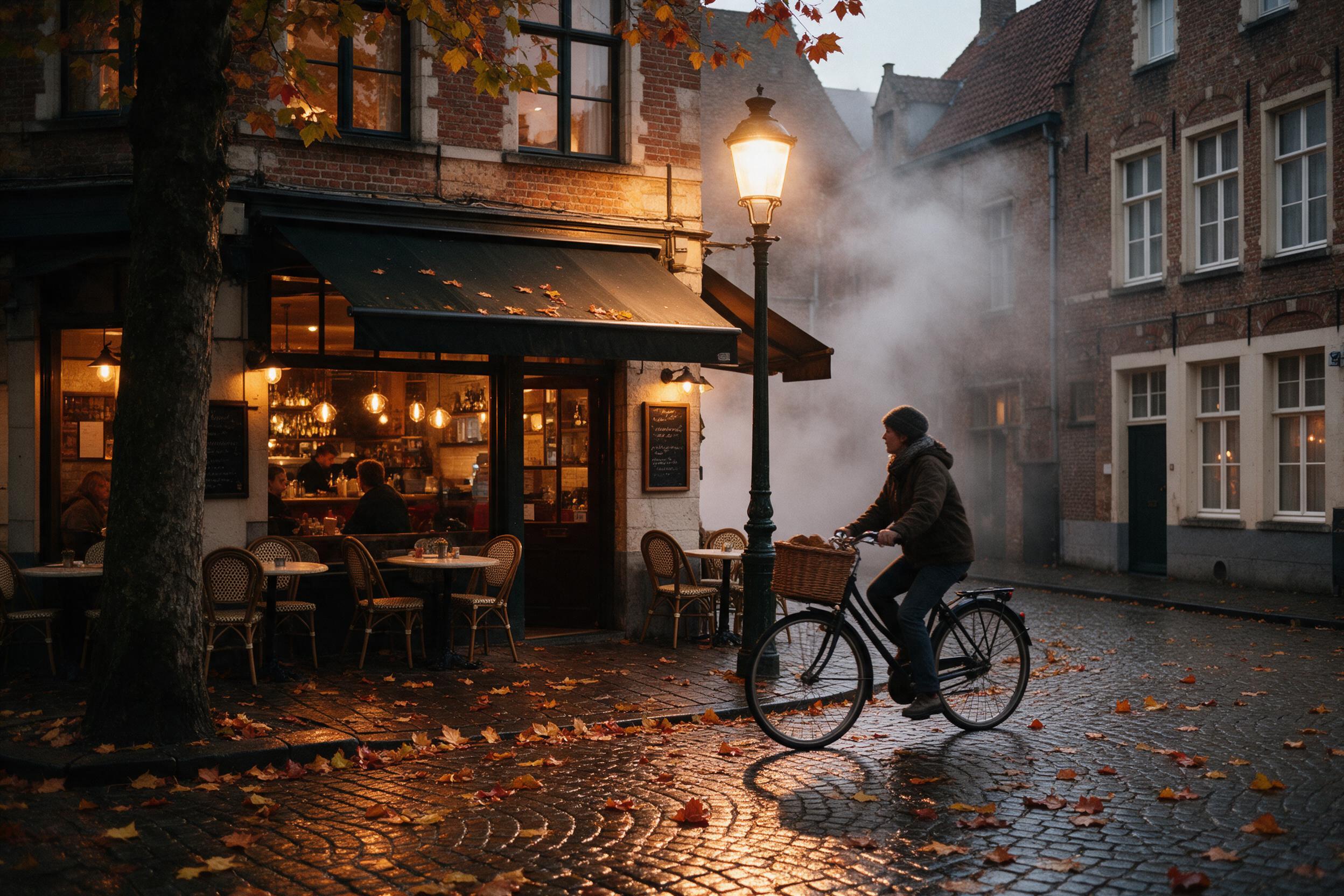 Cozy autumn street corner in a European old town, wet cobblestones reflecting warm cafe lights, a cyclist with a wicker basket passing under a glowing streetlamp, fog drifting between brick buildings, leaves scattered, natural evening light with soft shadows, slight grain for candid feel