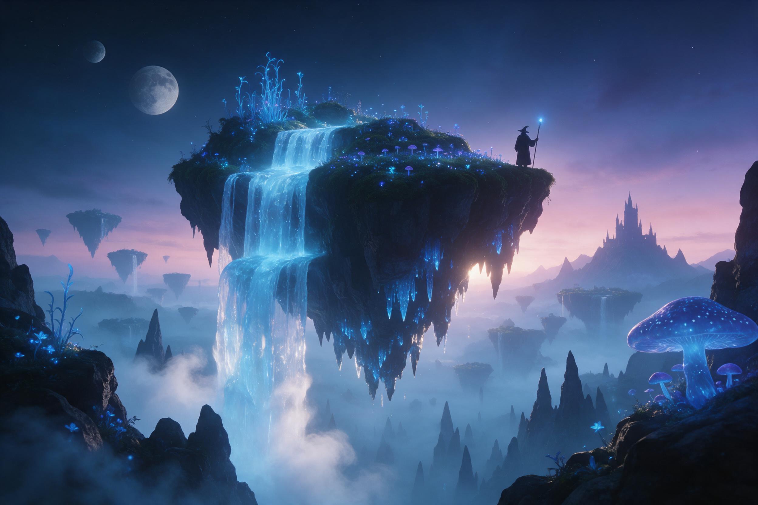 A floating island with a glowing crystal waterfall cascading into a misty abyss, surrounded by luminous bioluminescent flora, a lone silhouetted wizard on a cliff edge holding a staff that emits soft blue light, twilight sky with two moons and scattered stars, ethereal fog, dramatic rim lighting, se