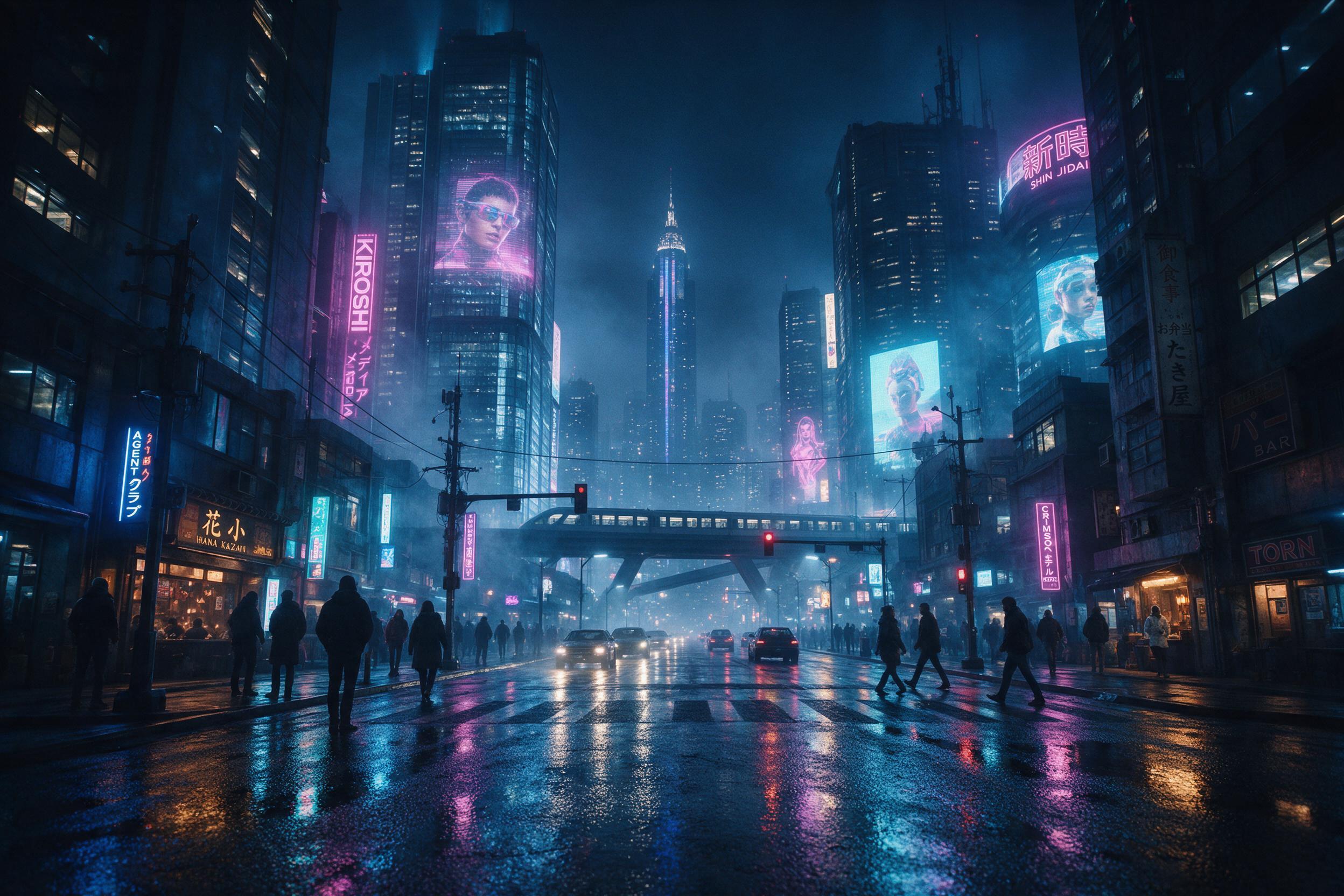 Futuristic cityscape with neon lights reflecting on wet streets, cyberpunk aesthetic, volumetric fog, cinematic lighting