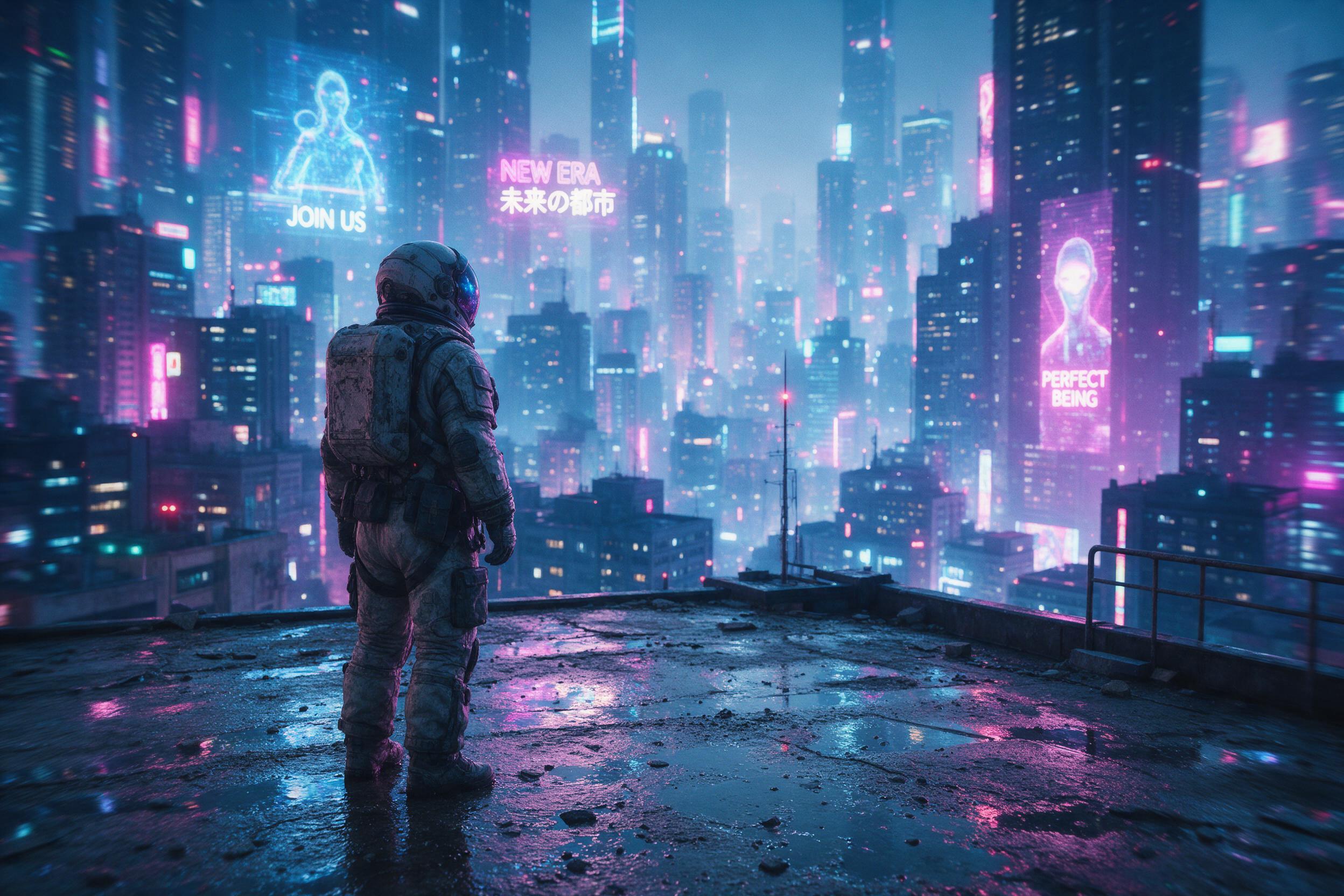 A lone figure in a worn spacesuit stands on a rain-slicked rooftop, overlooking a sprawling neon-lit cyberpunk city at night. Holographic advertisements flicker between dense skyscrapers, their reflections shimmering in puddles. Soft blue and magenta glow, light haze, slight camera motion blur.