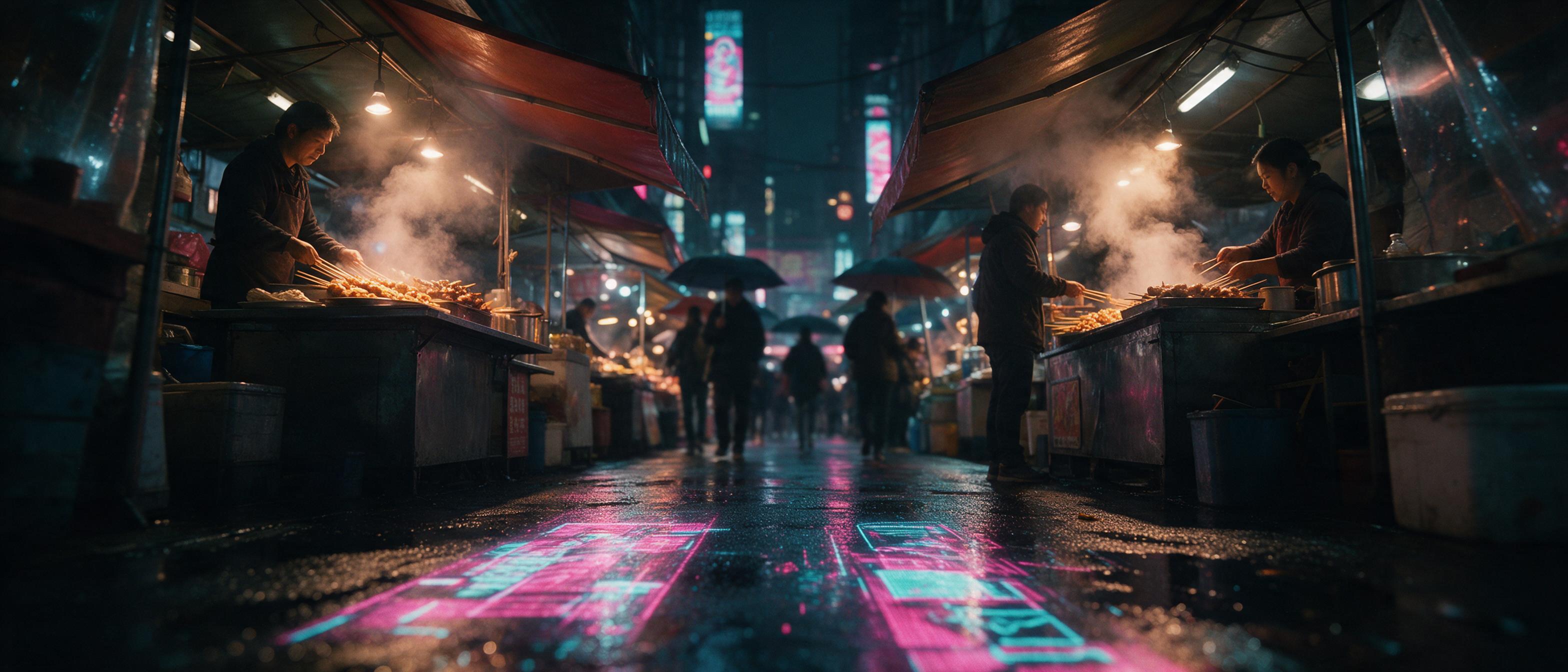 A neon-lit cyberpunk street market at night, rain-slicked asphalt reflecting magenta and cyan holographic advertisements, vendors selling glowing street food, steam rising from vents, blurred pedestrians with umbrellas, dynamic perspective along a narrow alley, moody atmosphere, cinematic lighting w
