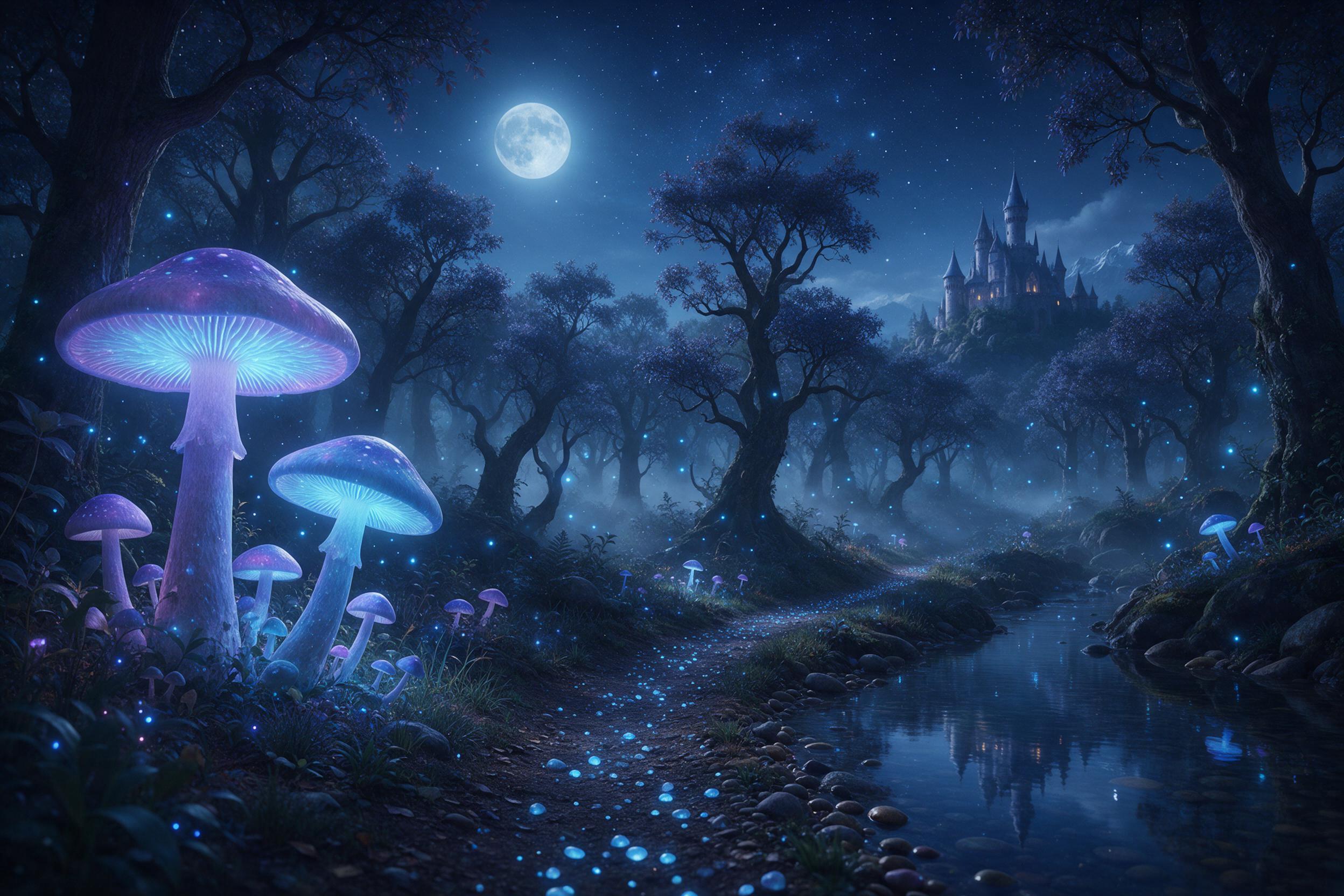 A moonlit enchanted forest with towering luminescent mushrooms casting soft blue and violet glow, a winding path of glowing pebbles leading to a distant castle turret, mist weaving between ancient trees, fireflies dancing in the air, a clear stream reflecting the starry sky, dreamy atmosphere, low a