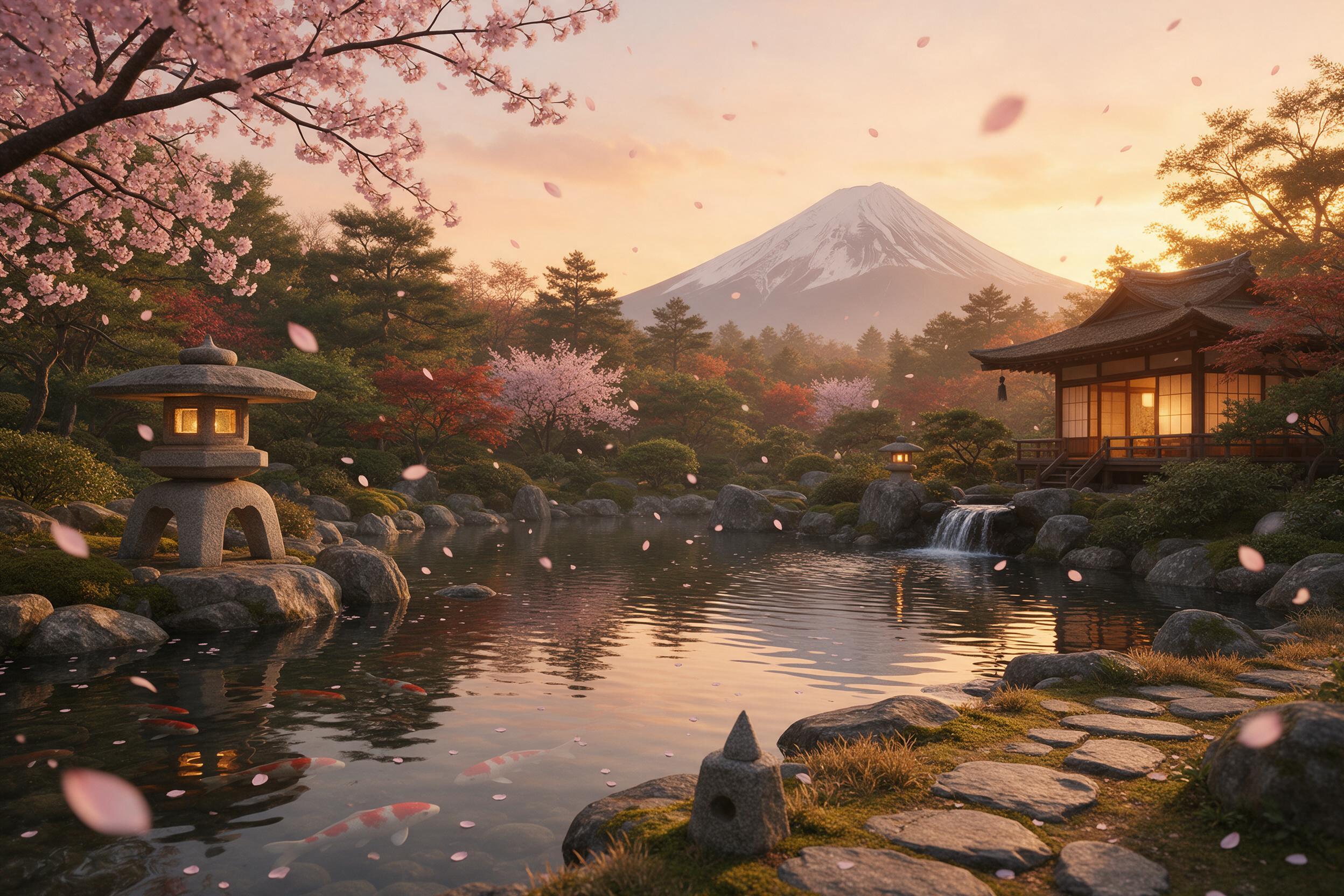 A serene Japanese garden at golden hour, cherry blossoms falling, koi pond reflecting warm light, digital art, 8K