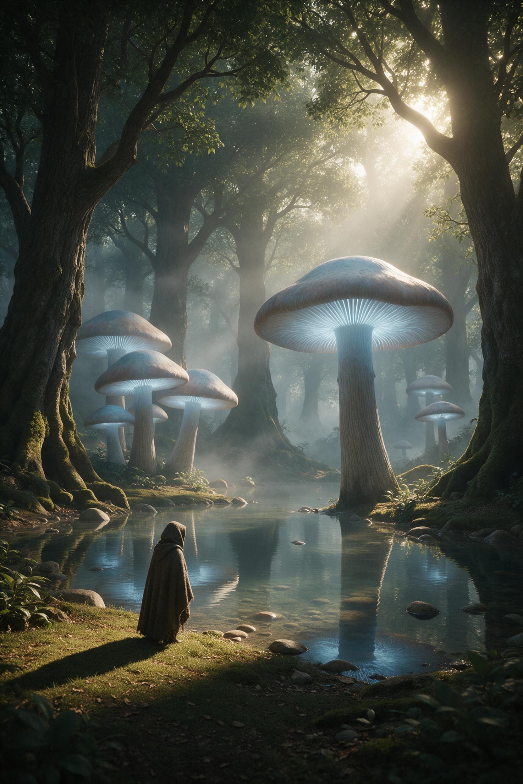 A sunlit forest clearing where giant bioluminescent mushrooms glow softly, their caps reflecting in a shallow, mirror-like pond. A small, cloaked figure stands at the edge, casting a long shadow. Mist drifts between ancient, moss-covered trees. Warm golden light filters through the canopy, creating 