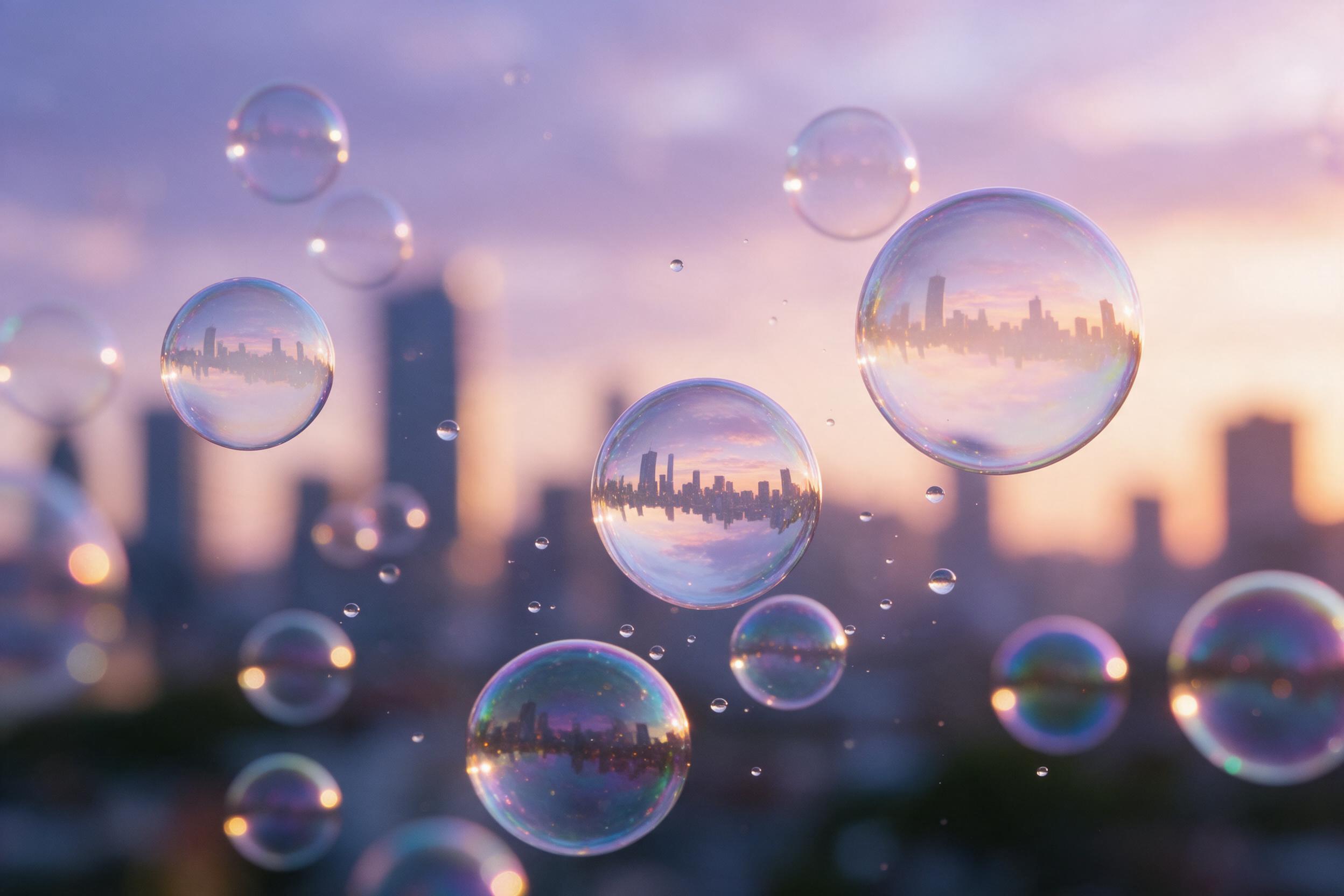 A macro shot of translucent soap bubbles floating in the air, each sphere reflecting a distorted city skyline and pastel sunset, occasional tiny water droplets dancing between them, soft bokeh background blending into a dreamy purple and orange gradient, gentle natural backlighting creating rainbow 