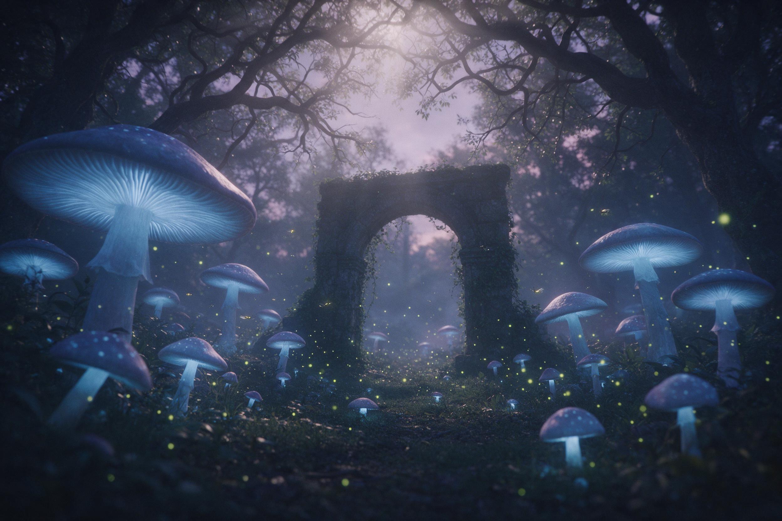 Enchanted forest clearing at twilight, giant bioluminescent mushrooms casting soft blue glow, ancient moss-covered stone archway with creeping vines, fireflies dancing in misty air, muted violets and teals, volumetric light rays filtering through gnarled branches, slight film grain, fairy-tale atmos